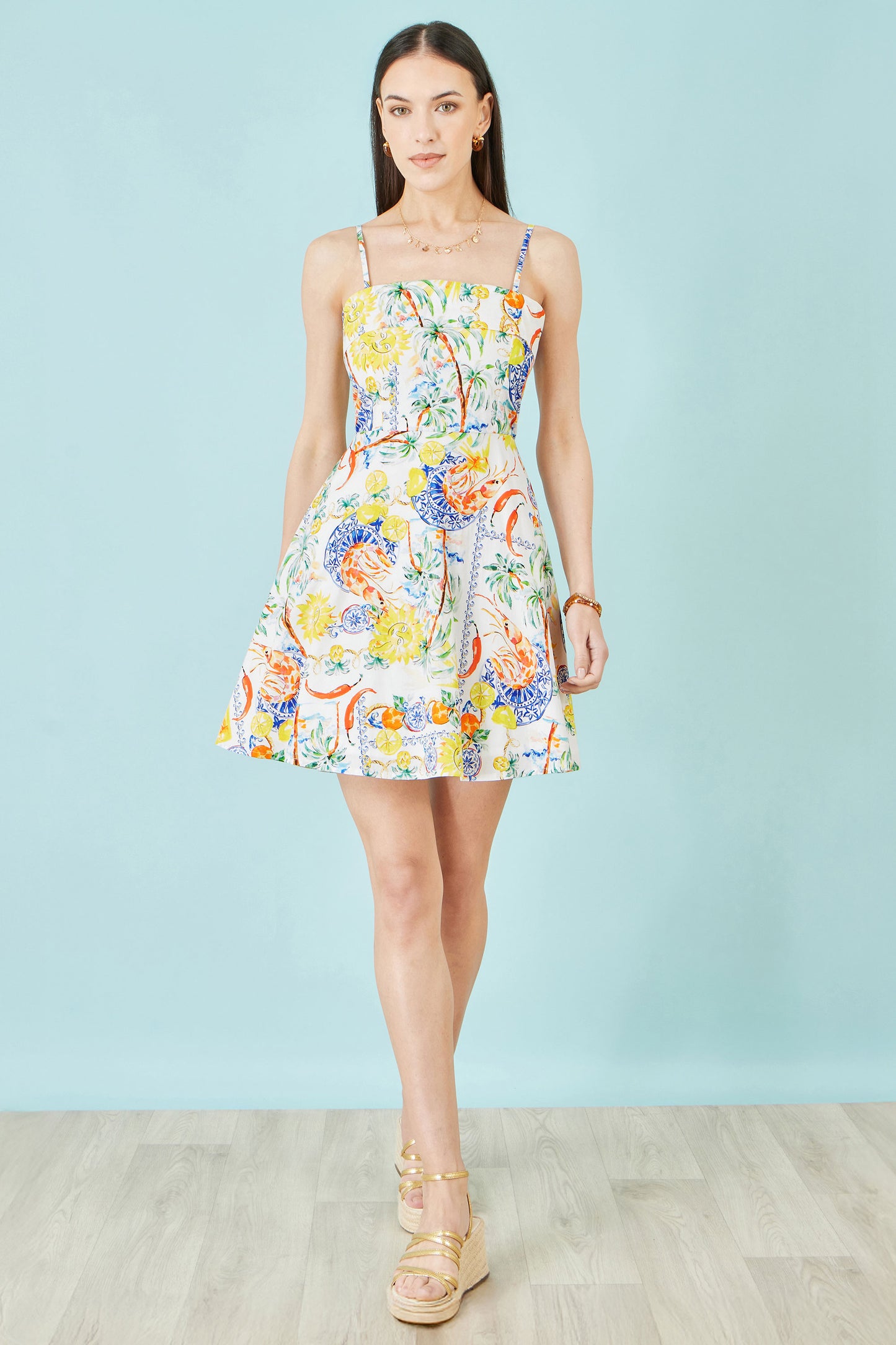 Yumi White Mediterranean Print Cotton Mini Sun Dress Dress Casual Yumi