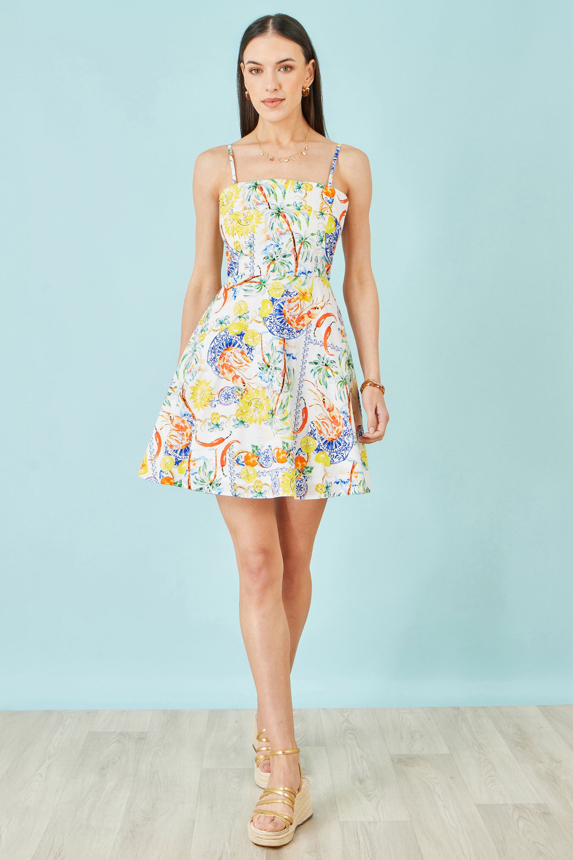 Yumi White Mediterranean Print Cotton Mini Sun Dress Dress Casual Yumi