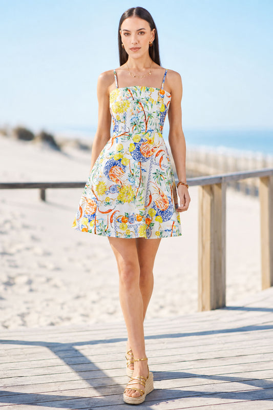 Yumi White Mediterranean Print Cotton Mini Sun Dress Dress Casual Yumi