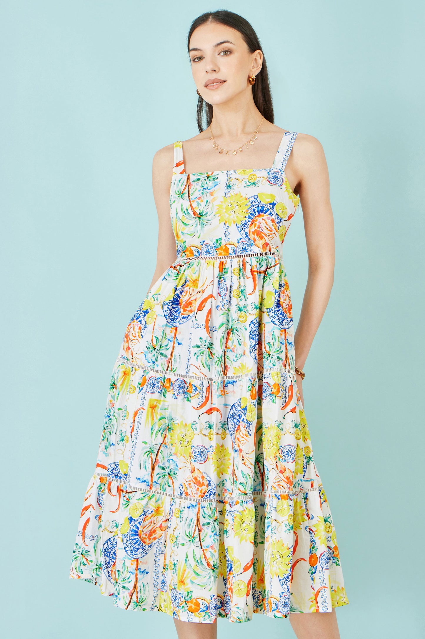 Yumi White Mediterranean Print Cotton Midi Sun Dress Dress Casual Yumi