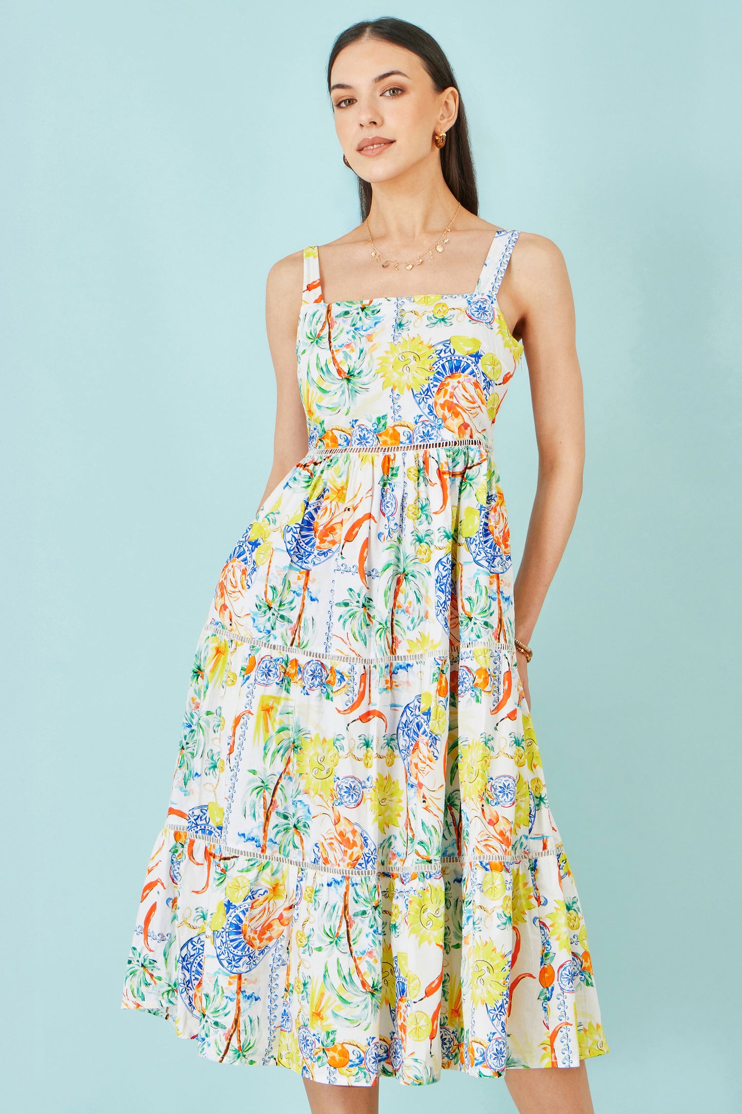 Yumi White Mediterranean Print Cotton Midi Sun Dress Dress Casual Yumi