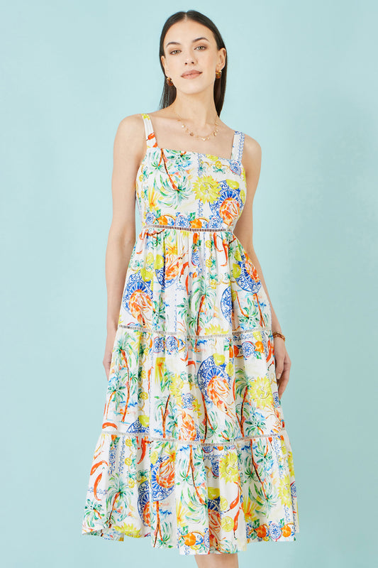 Yumi White Mediterranean Print Cotton Midi Sun Dress Dress Casual Yumi