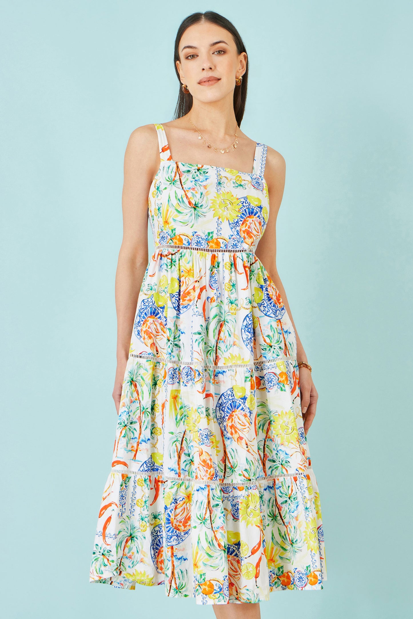 Yumi White Mediterranean Print Cotton Midi Sun Dress Dress Casual Yumi