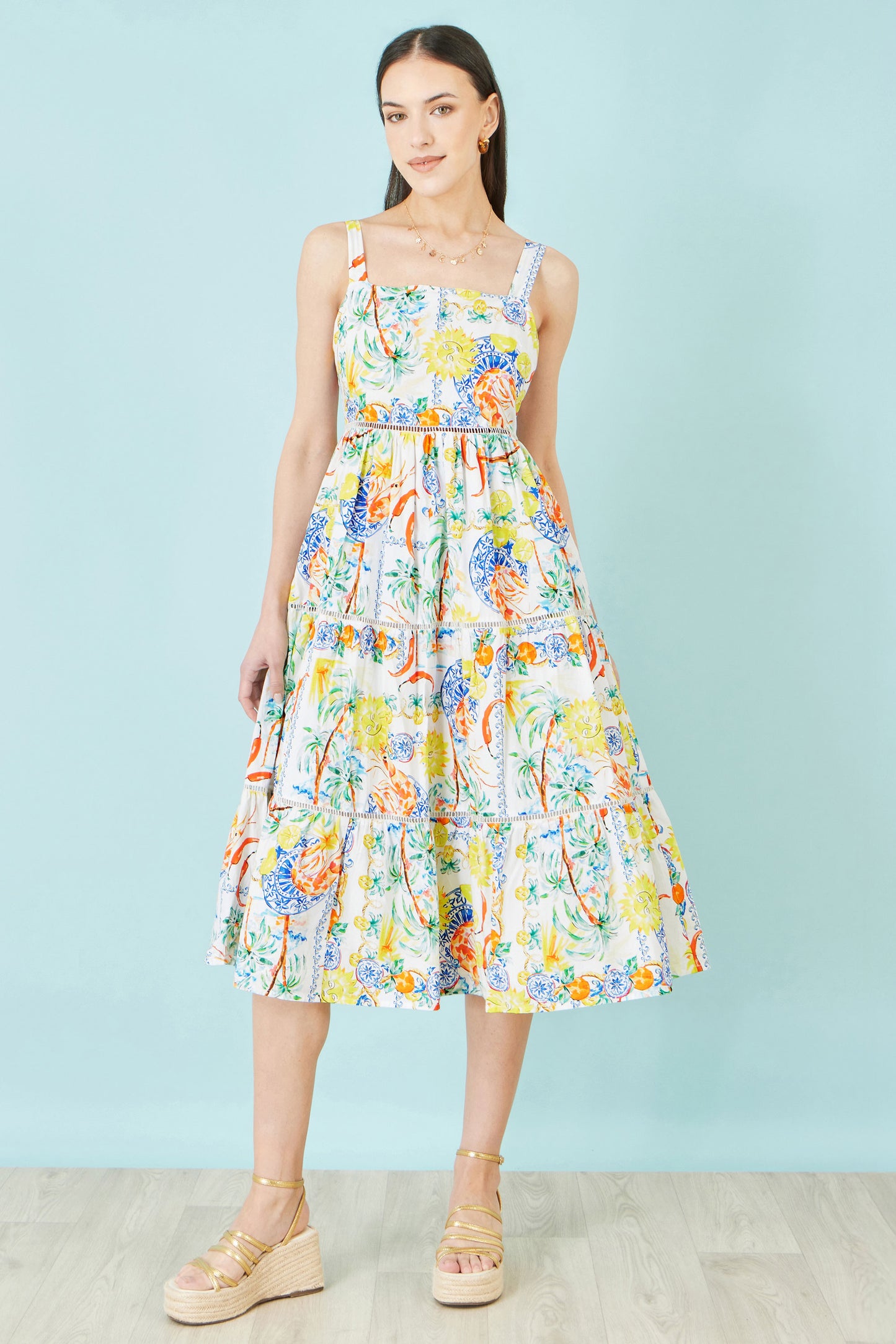 Yumi White Mediterranean Print Cotton Midi Sun Dress Dress Casual Yumi