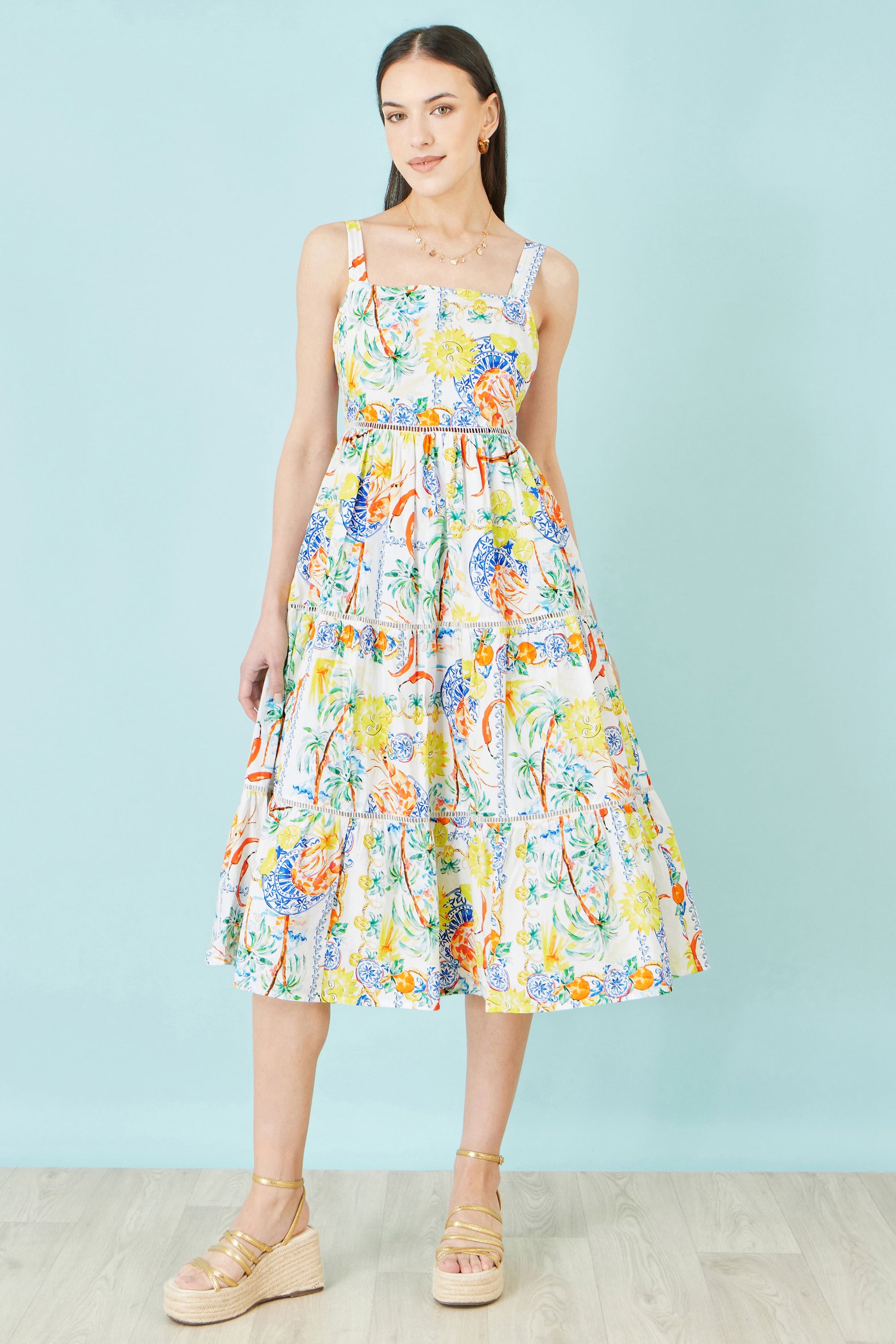 Yumi White Mediterranean Print Cotton Midi Sun Dress Dress Casual Yumi