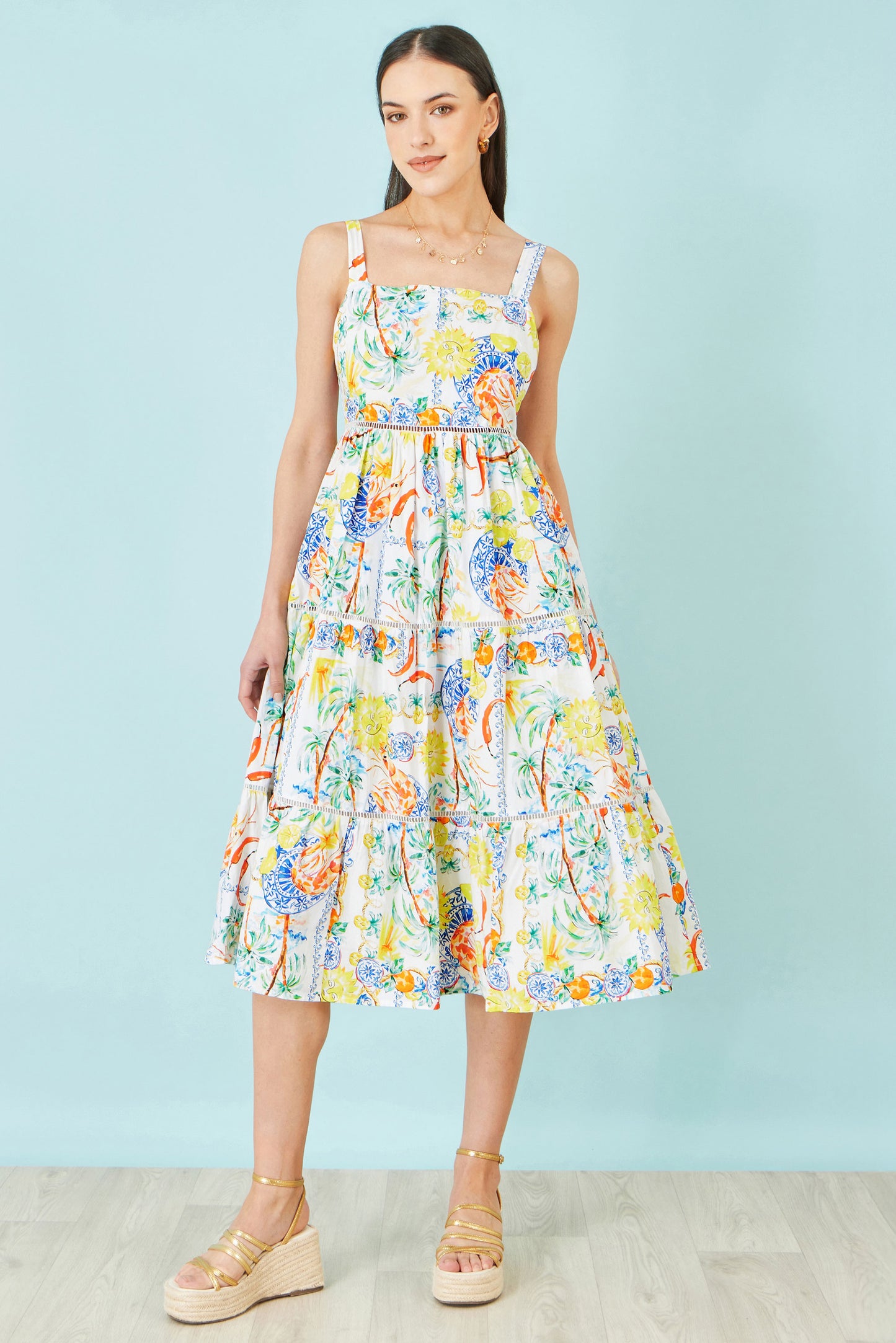 Yumi White Mediterranean Print Cotton Midi Sun Dress Dress Casual Yumi