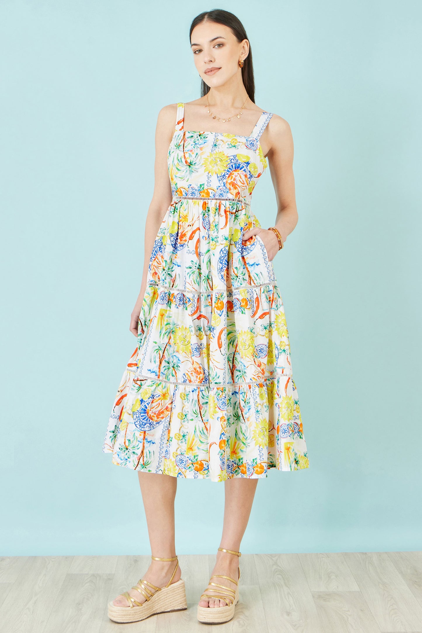 Yumi White Mediterranean Print Cotton Midi Sun Dress Dress Casual Yumi