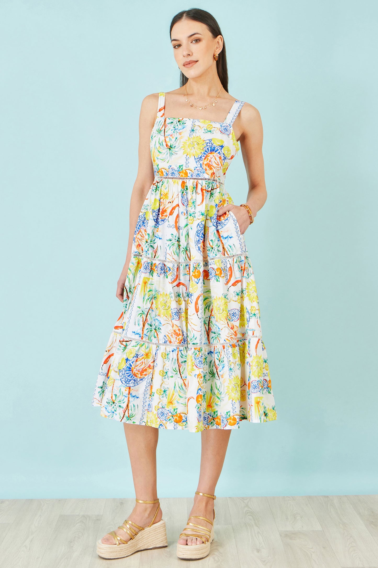 Yumi White Mediterranean Print Cotton Midi Sun Dress Dress Casual Yumi