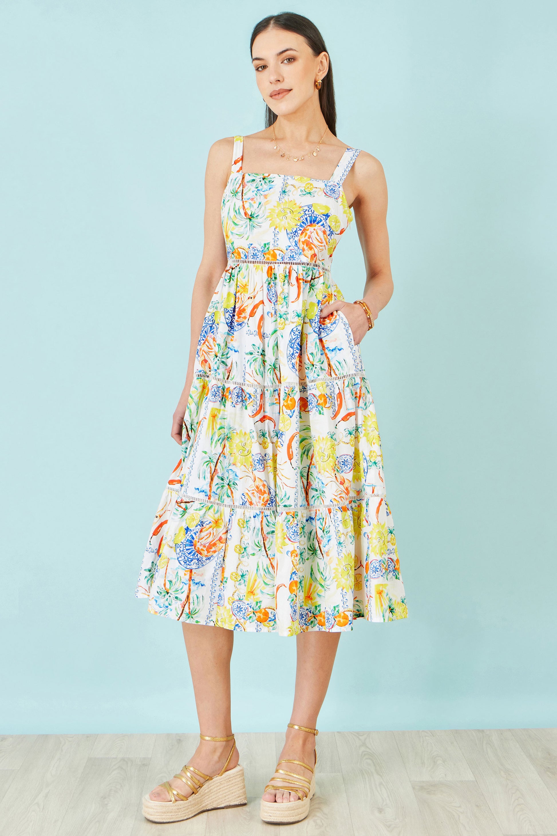 Yumi White Mediterranean Print Cotton Midi Sun Dress Dress Casual Yumi