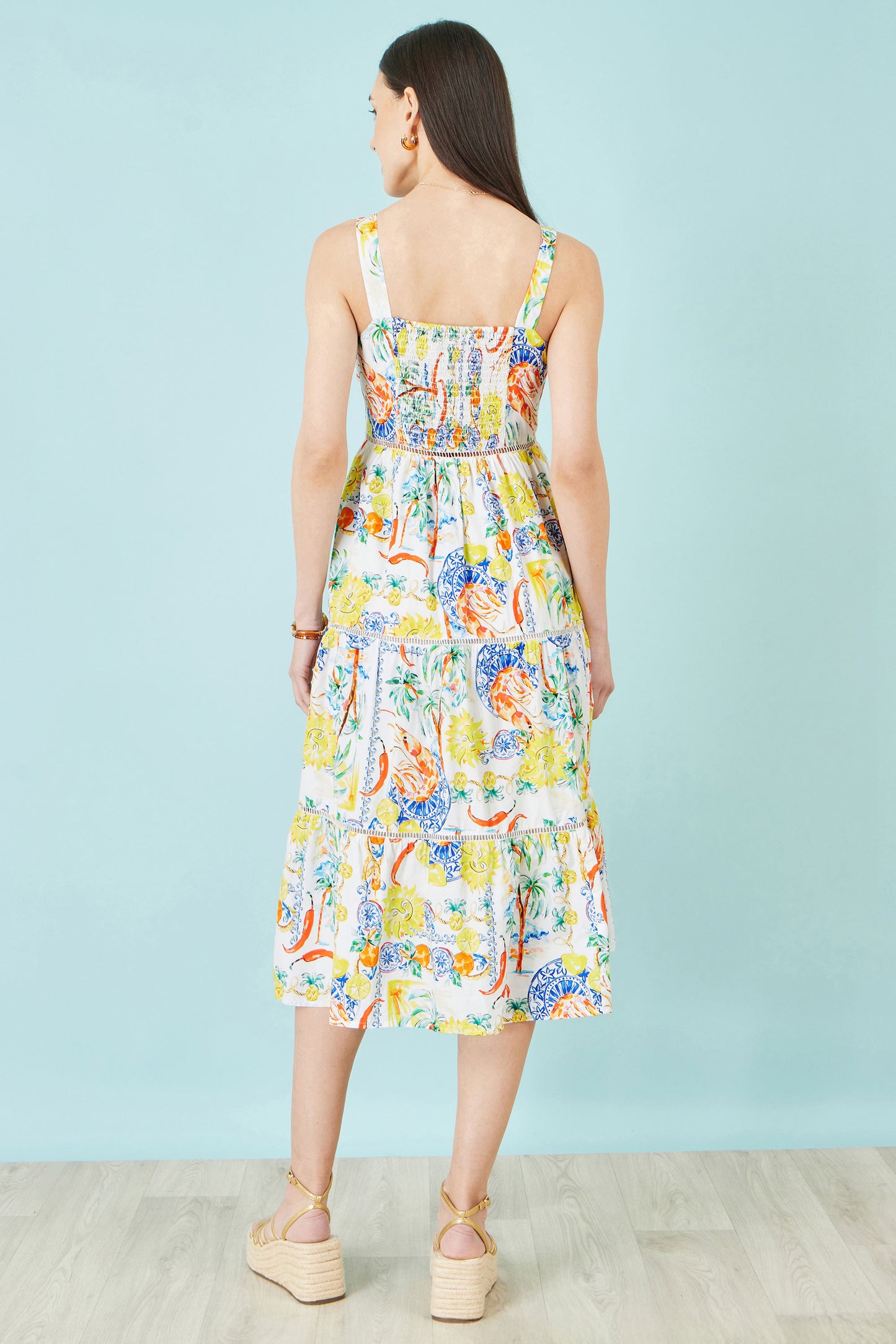 Yumi White Mediterranean Print Cotton Midi Sun Dress Dress Casual Yumi