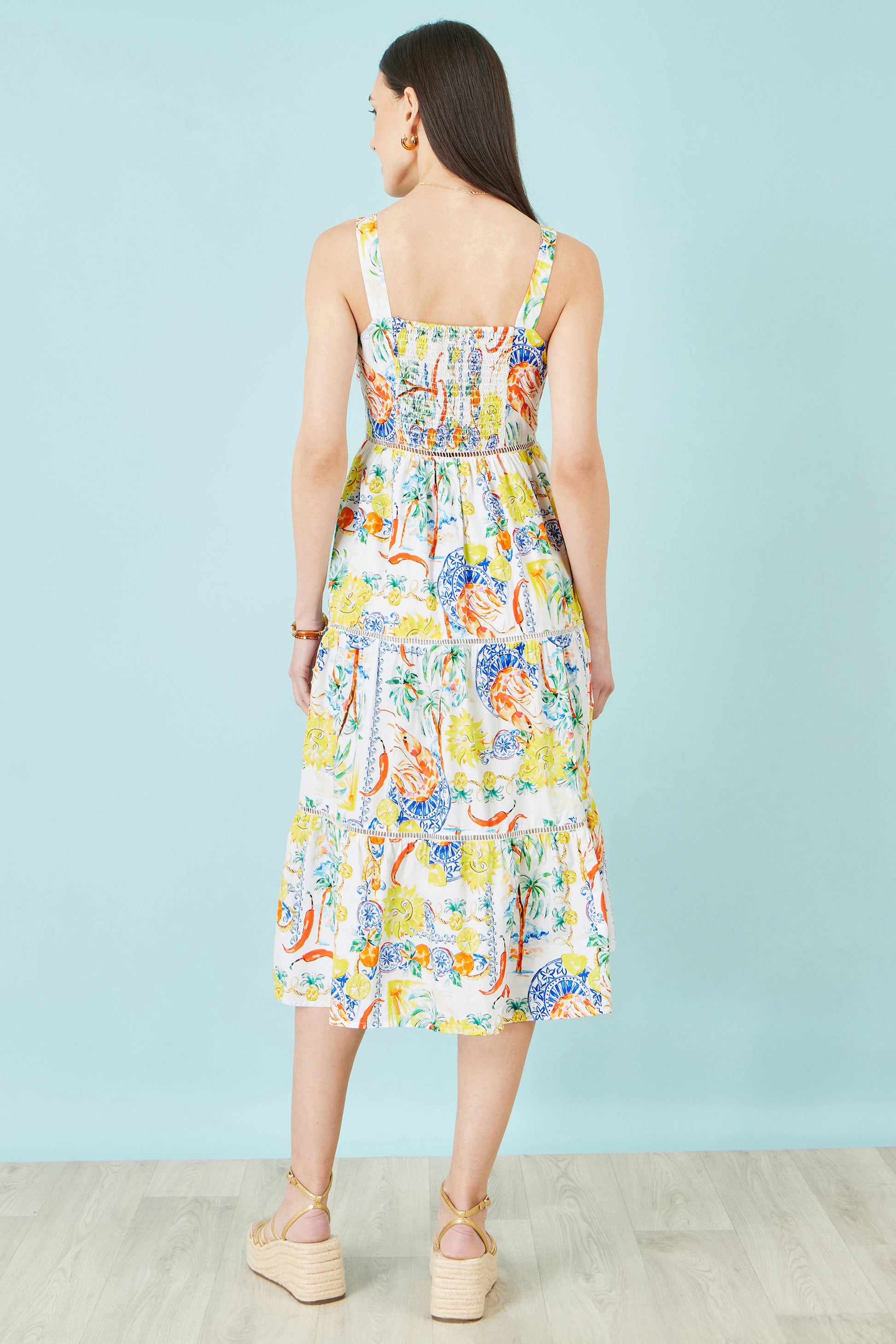 Yumi White Mediterranean Print Cotton Midi Sun Dress Dress Casual Yumi