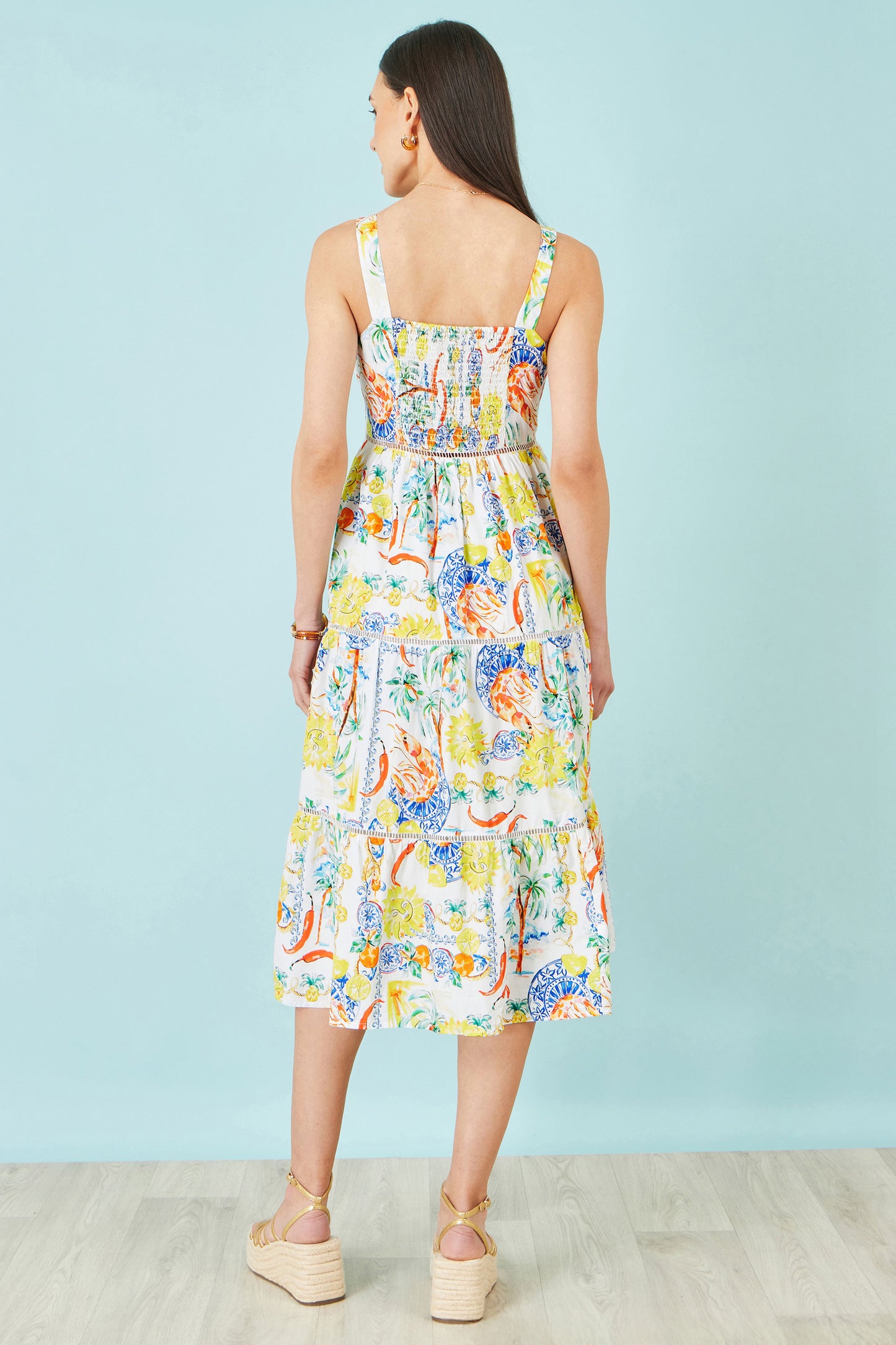 Yumi White Mediterranean Print Cotton Midi Sun Dress Dress Casual Yumi