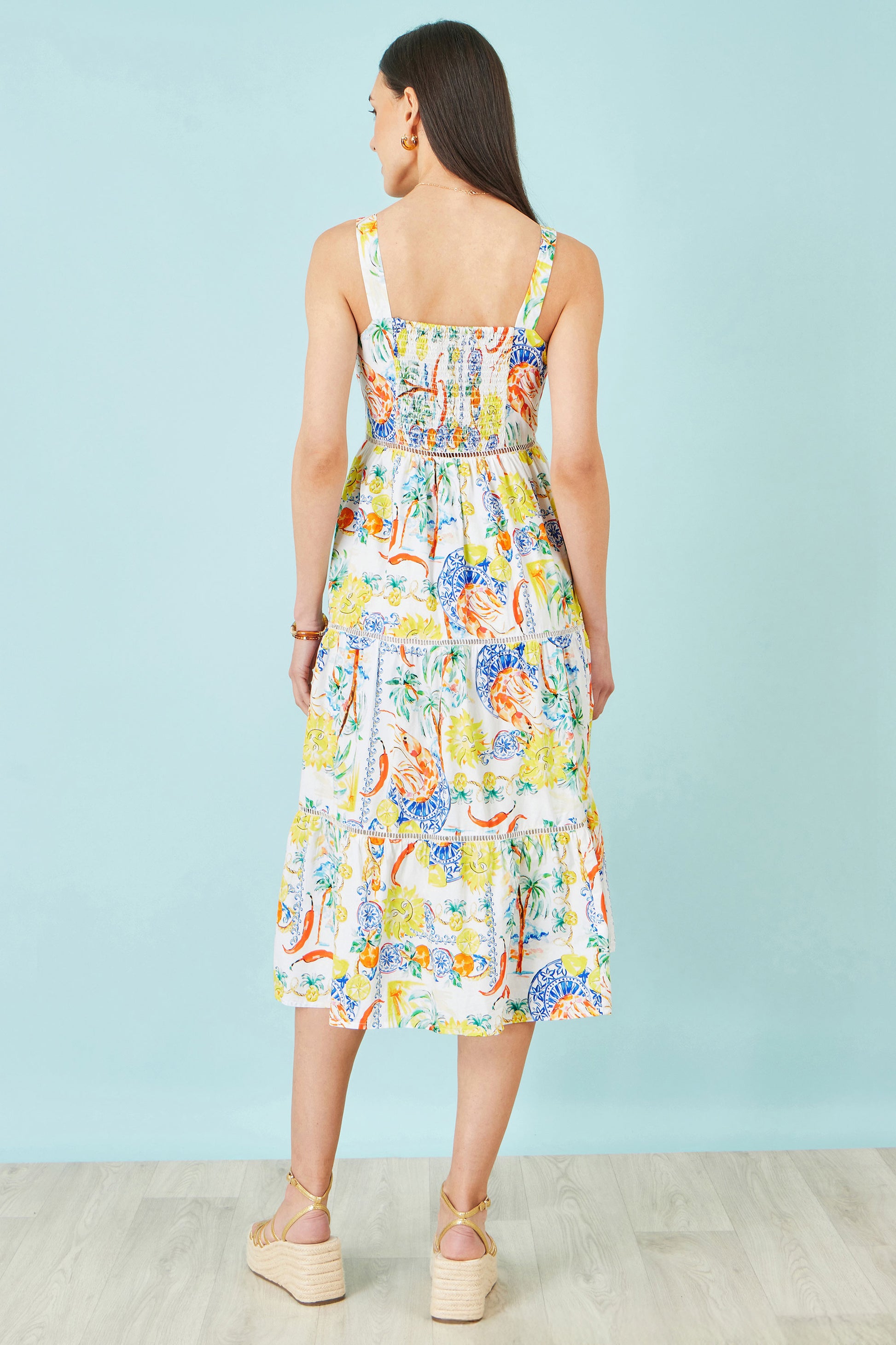 Yumi White Mediterranean Print Cotton Midi Sun Dress Dress Casual Yumi