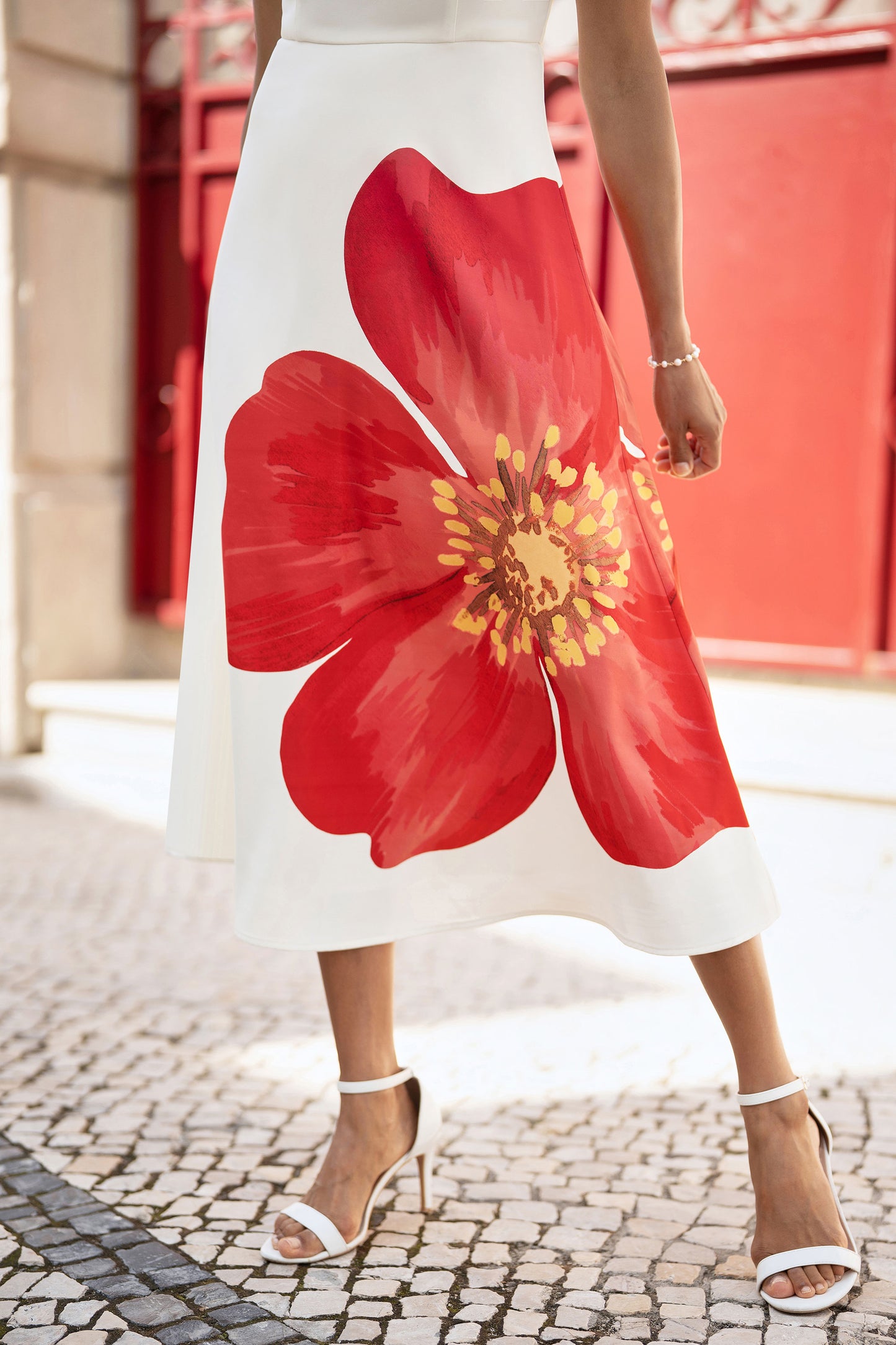 Yumi White Oversize Poppy Placement Midi Sun Dress Dress Occasion Yumi