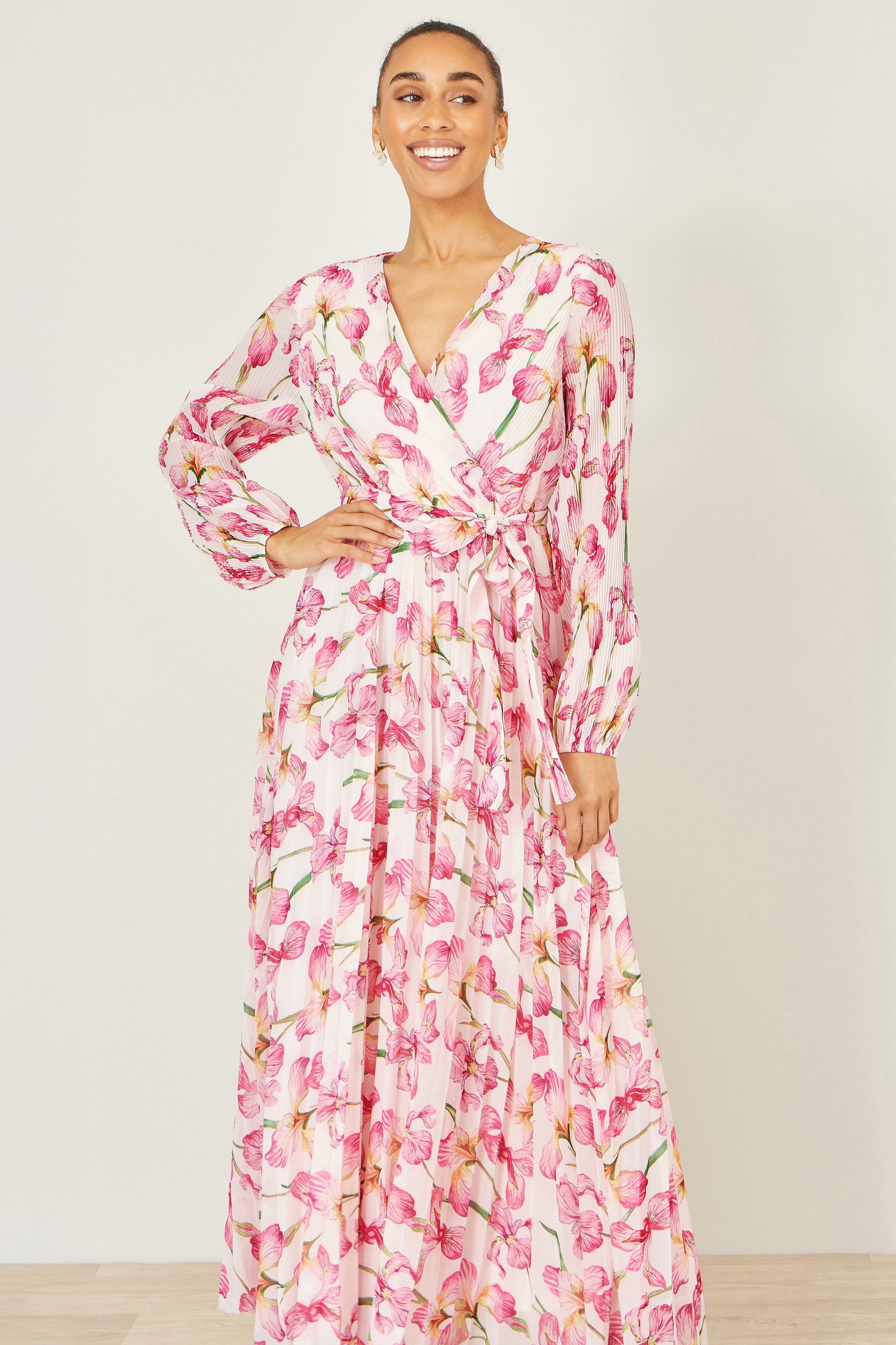 Yumi White Orchid Floral Pleated Wrap Maxi Dress Dress Occasion Yumi
