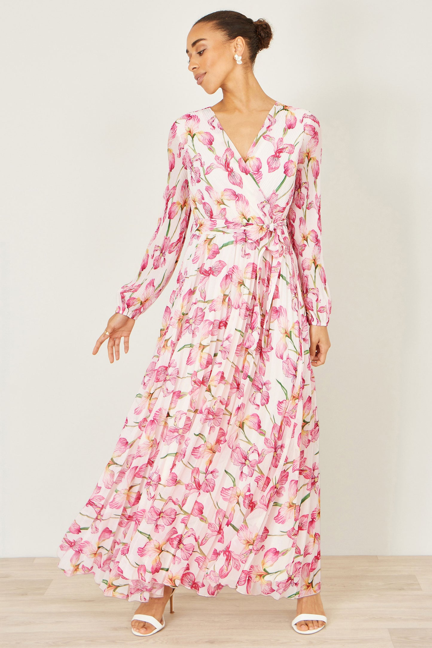 Yumi White Orchid Floral Pleated Wrap Maxi Dress Dress Occasion Yumi