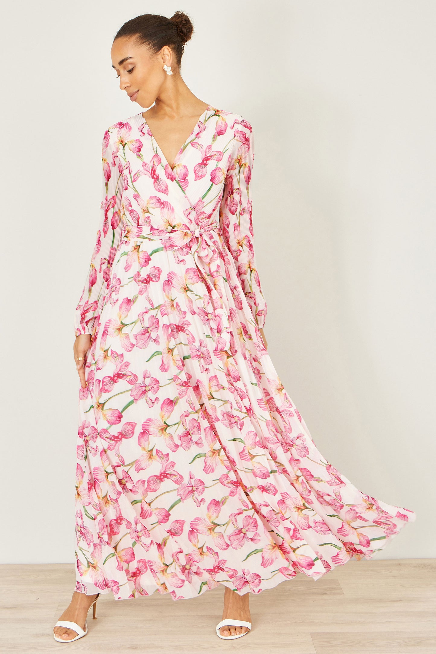 Yumi White Orchid Floral Pleated Wrap Maxi Dress Dress Occasion Yumi