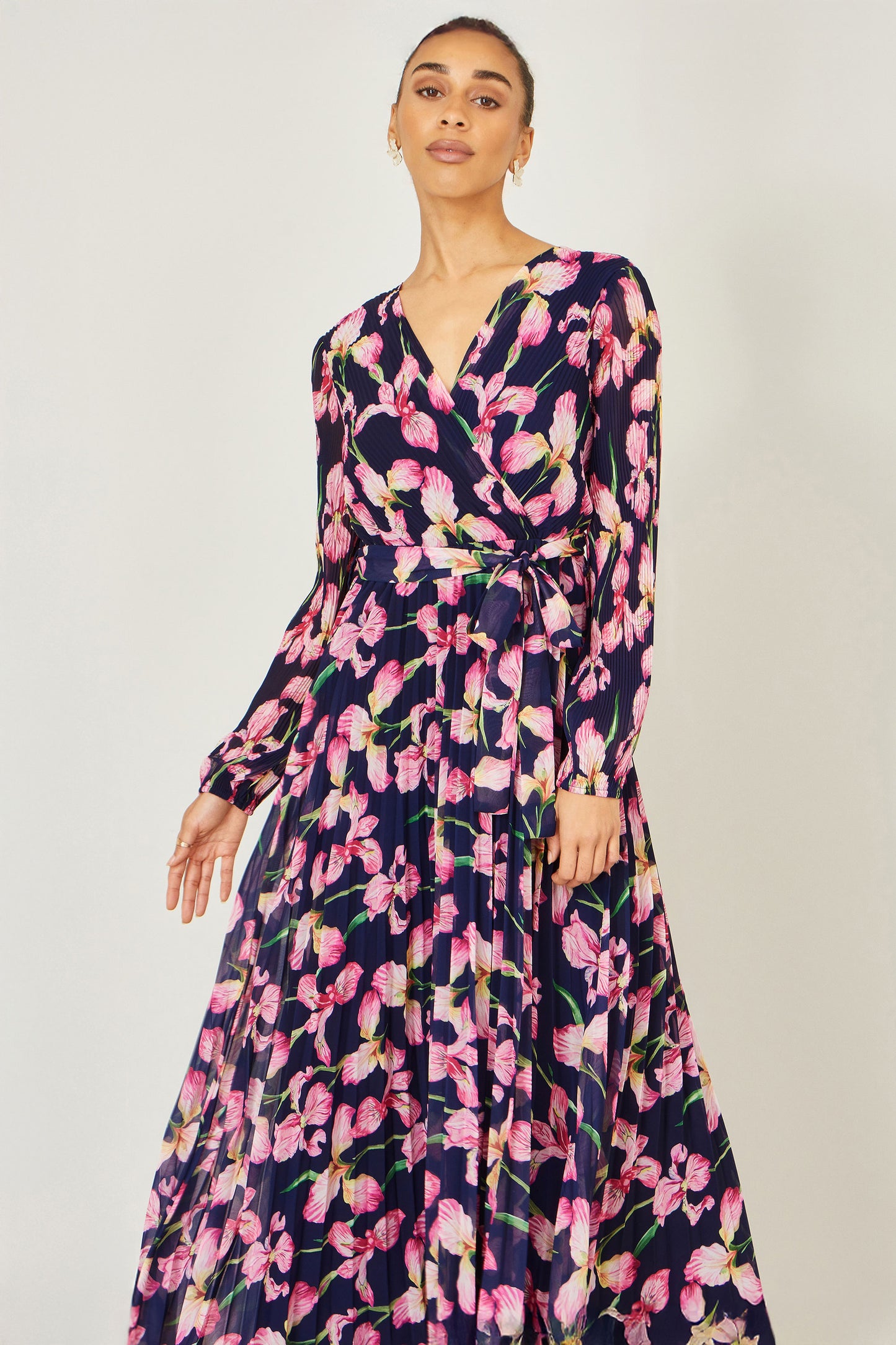 Yumi Navy Orchid Floral Pleated Wrap Maxi Dress Dress Occasion Yumi