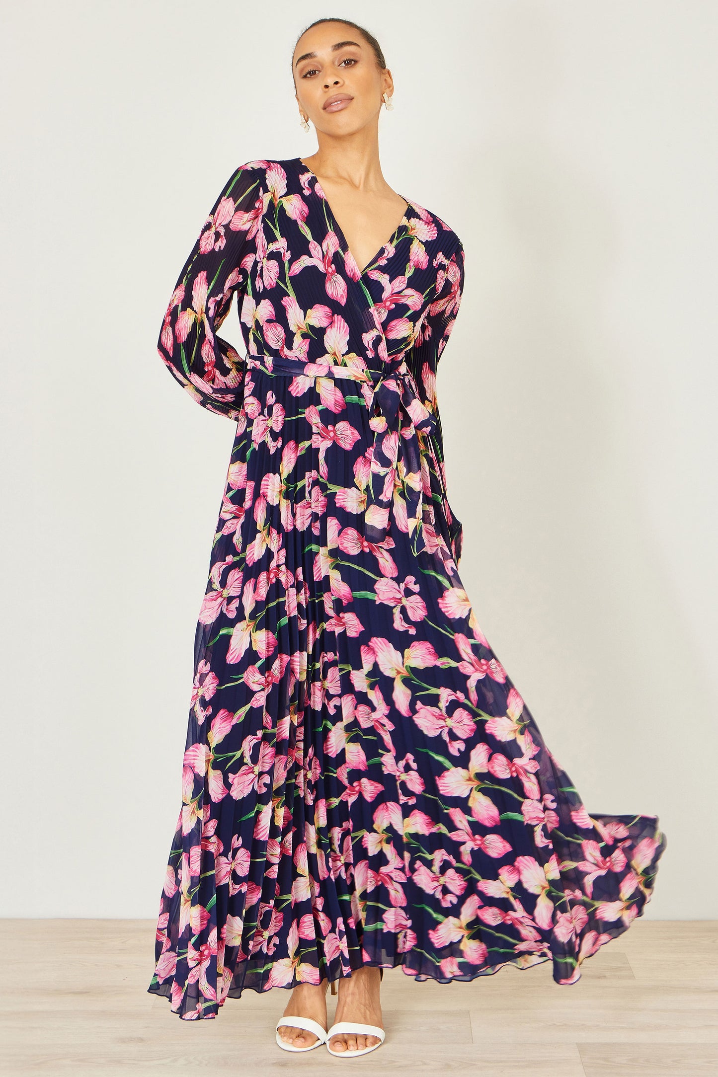 Yumi Navy Orchid Floral Pleated Wrap Maxi Dress Dress Occasion Yumi