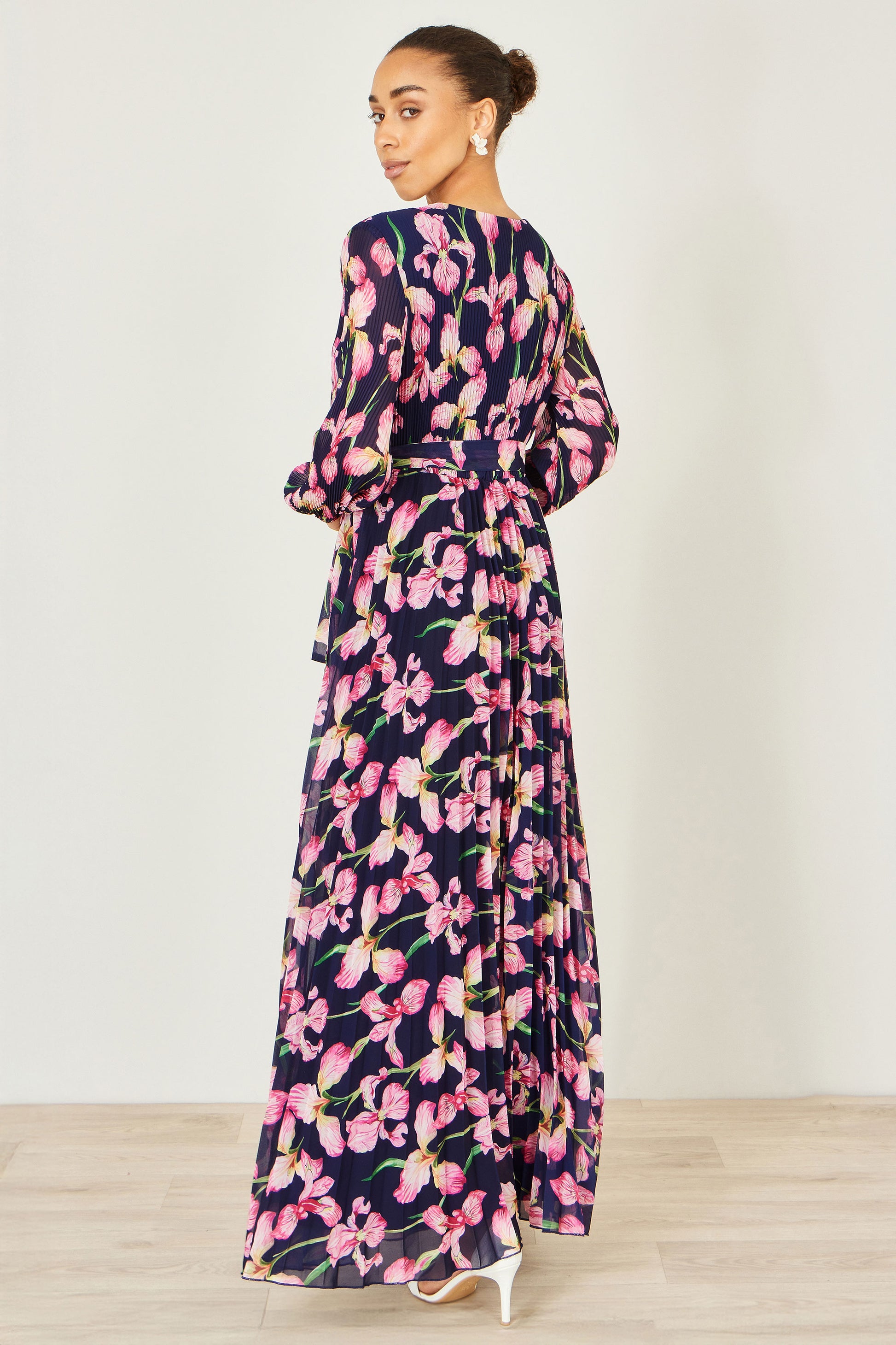 Yumi Navy Orchid Floral Pleated Wrap Maxi Dress Dress Occasion Yumi