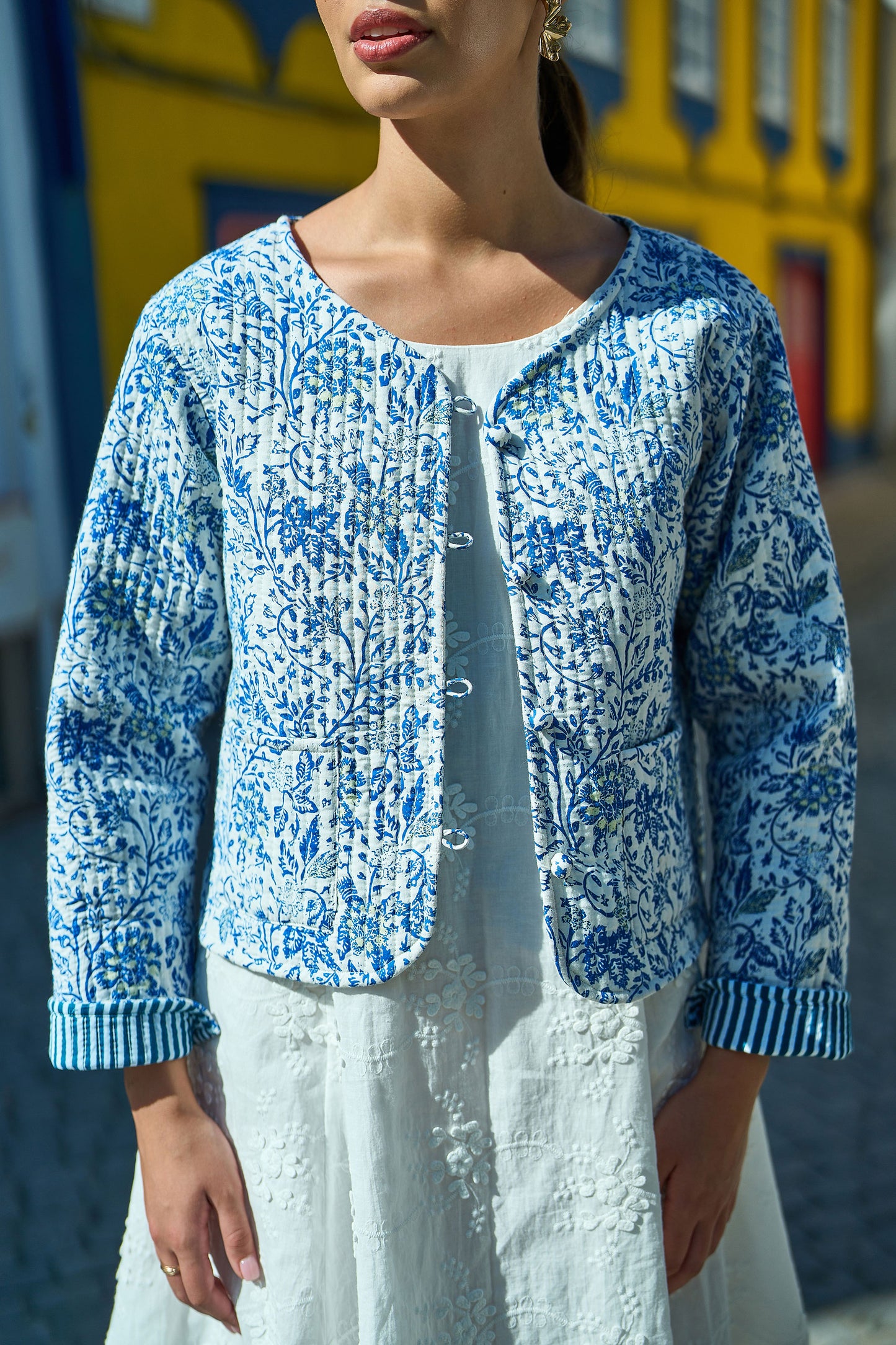 Yumi Blue Boho Floral Print Cropped Reversible Cotton Quilted Jacket Outerwear Yumi