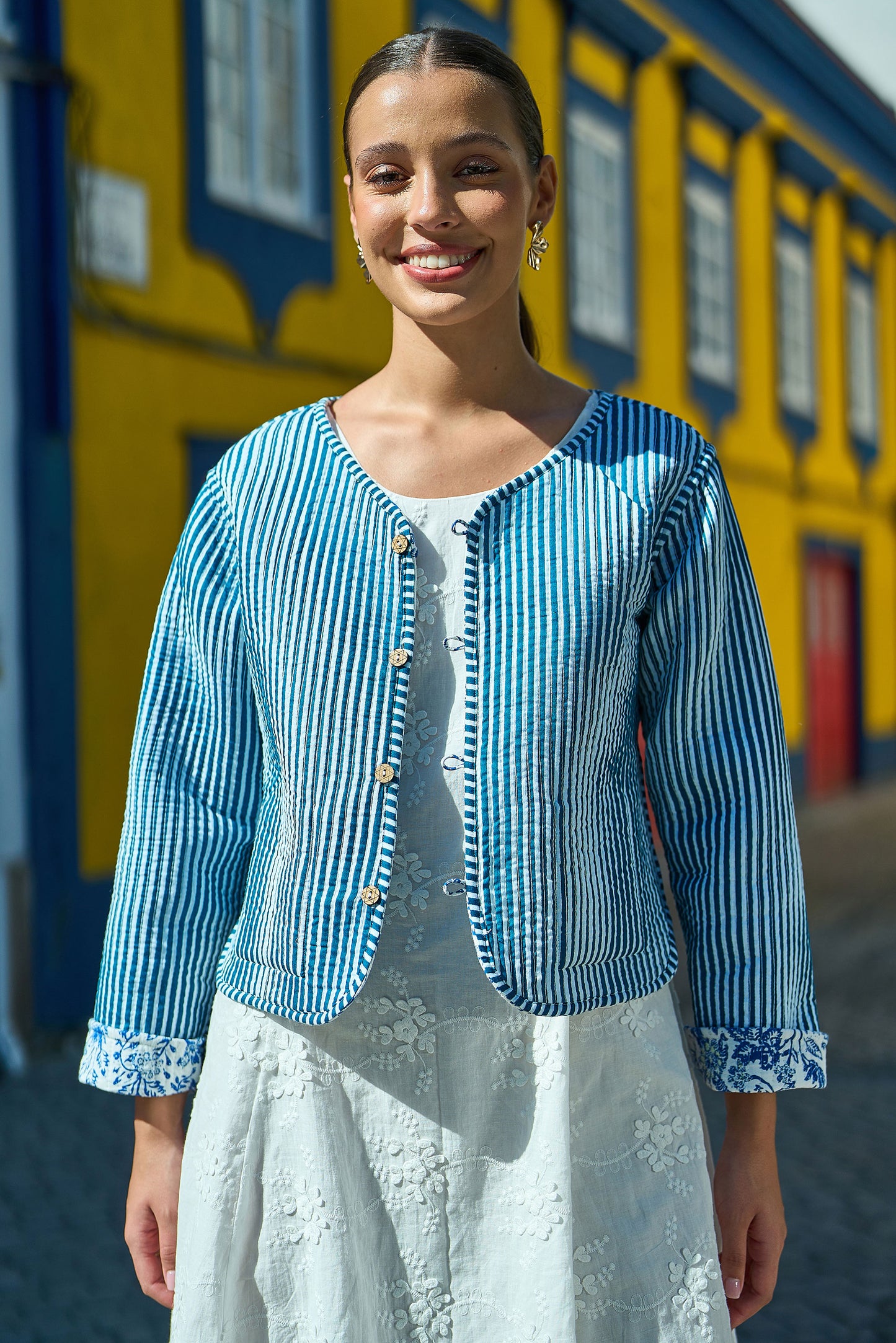 Yumi Blue Boho Floral Print Cropped Reversible Cotton Quilted Jacket Outerwear Yumi