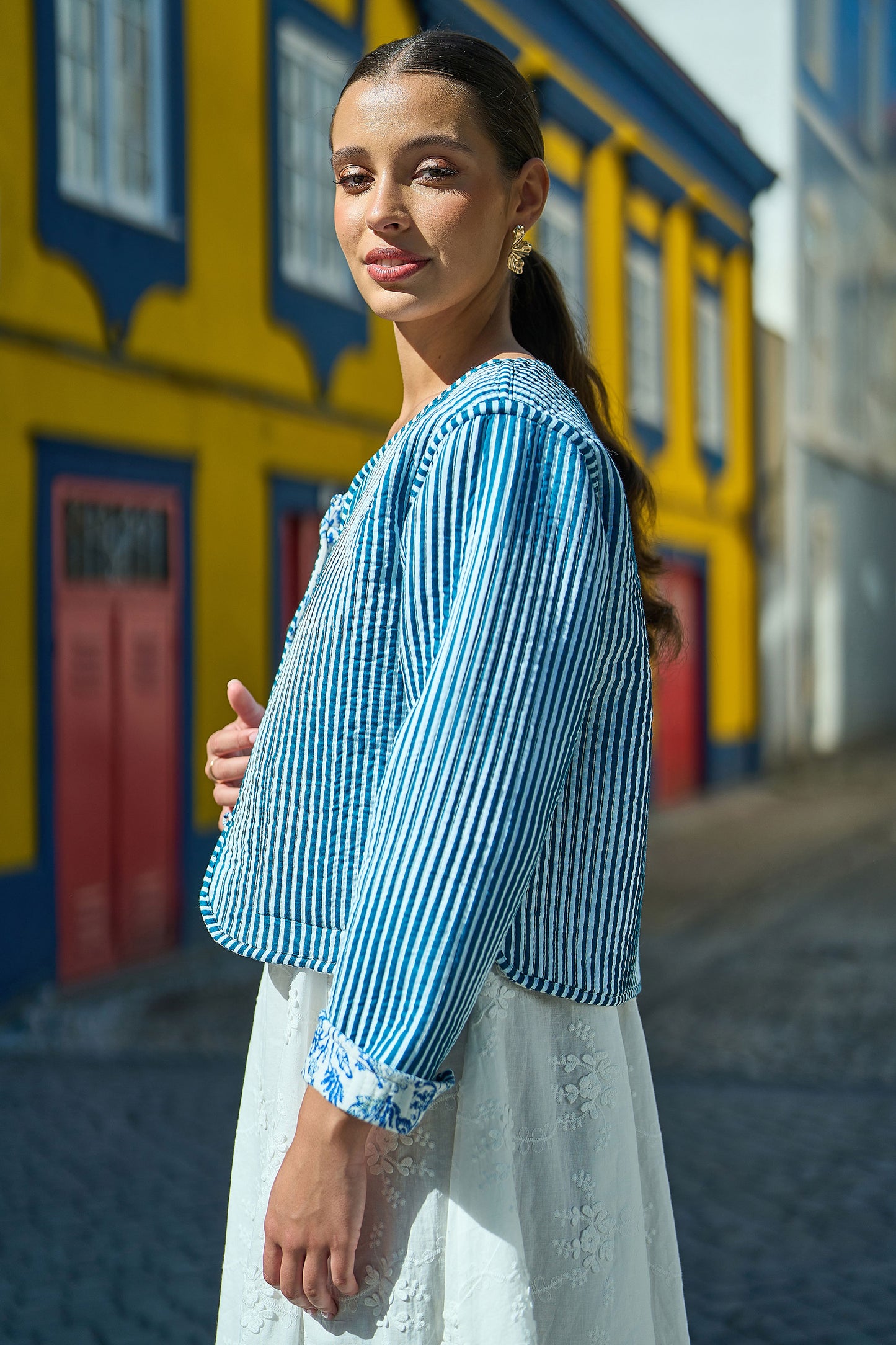 Yumi Blue Boho Floral Print Cropped Reversible Cotton Quilted Jacket Outerwear Yumi