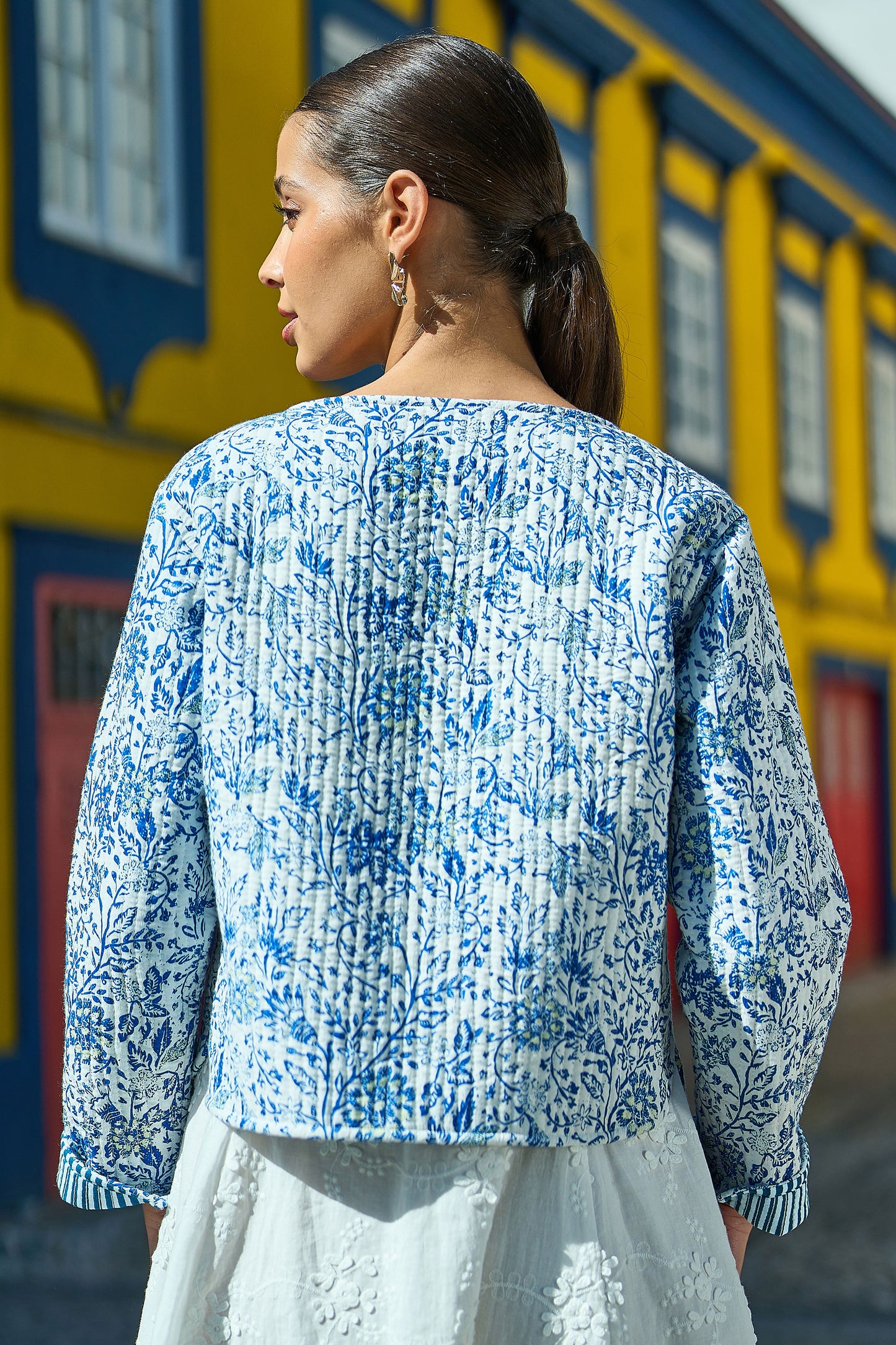 Yumi Blue Boho Floral Print Cropped Reversible Cotton Quilted Jacket Outerwear Yumi