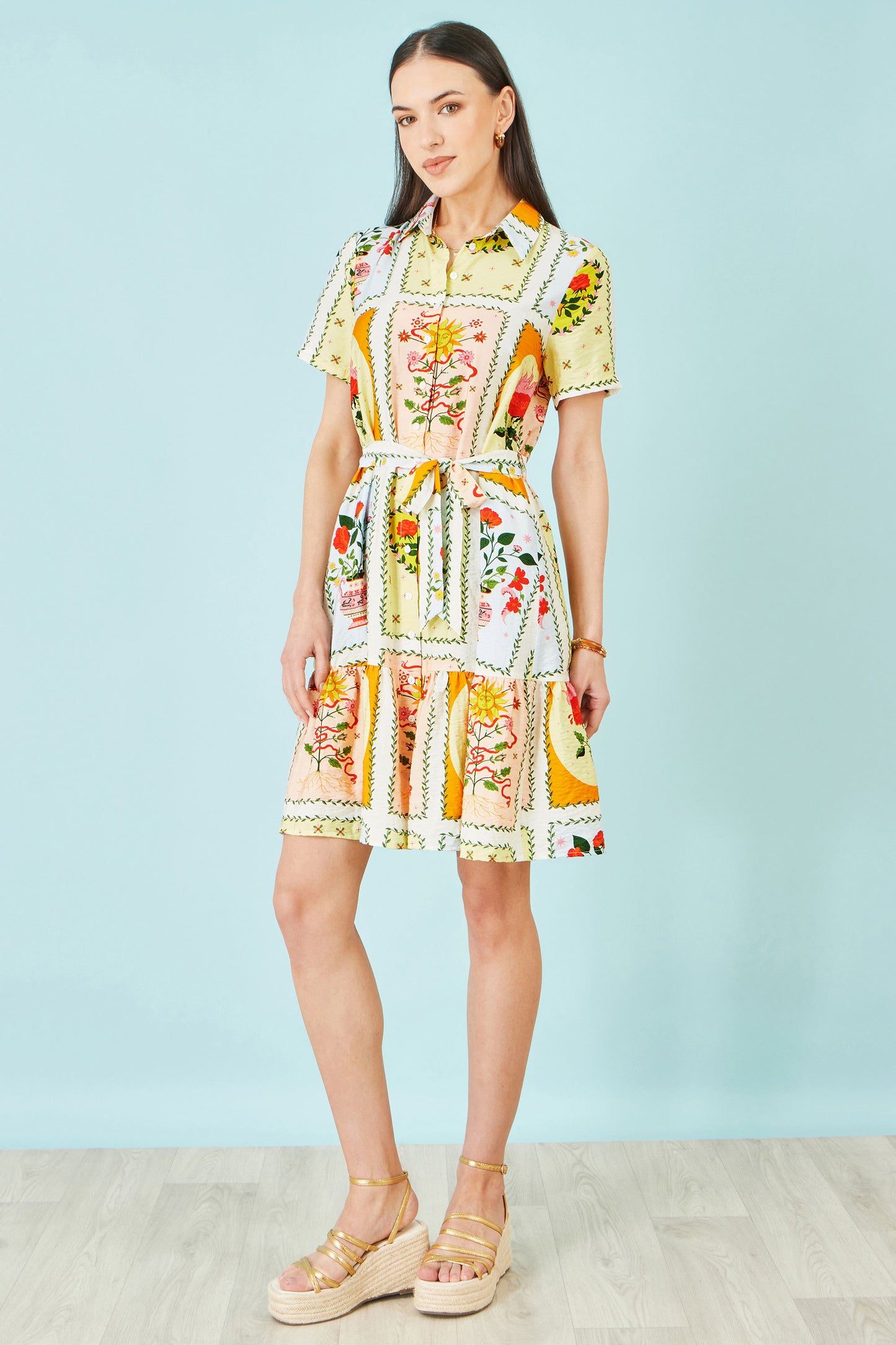 Yumi Multicolour Sun Patchwork Print Shirt Dress Dress Casual Yumi