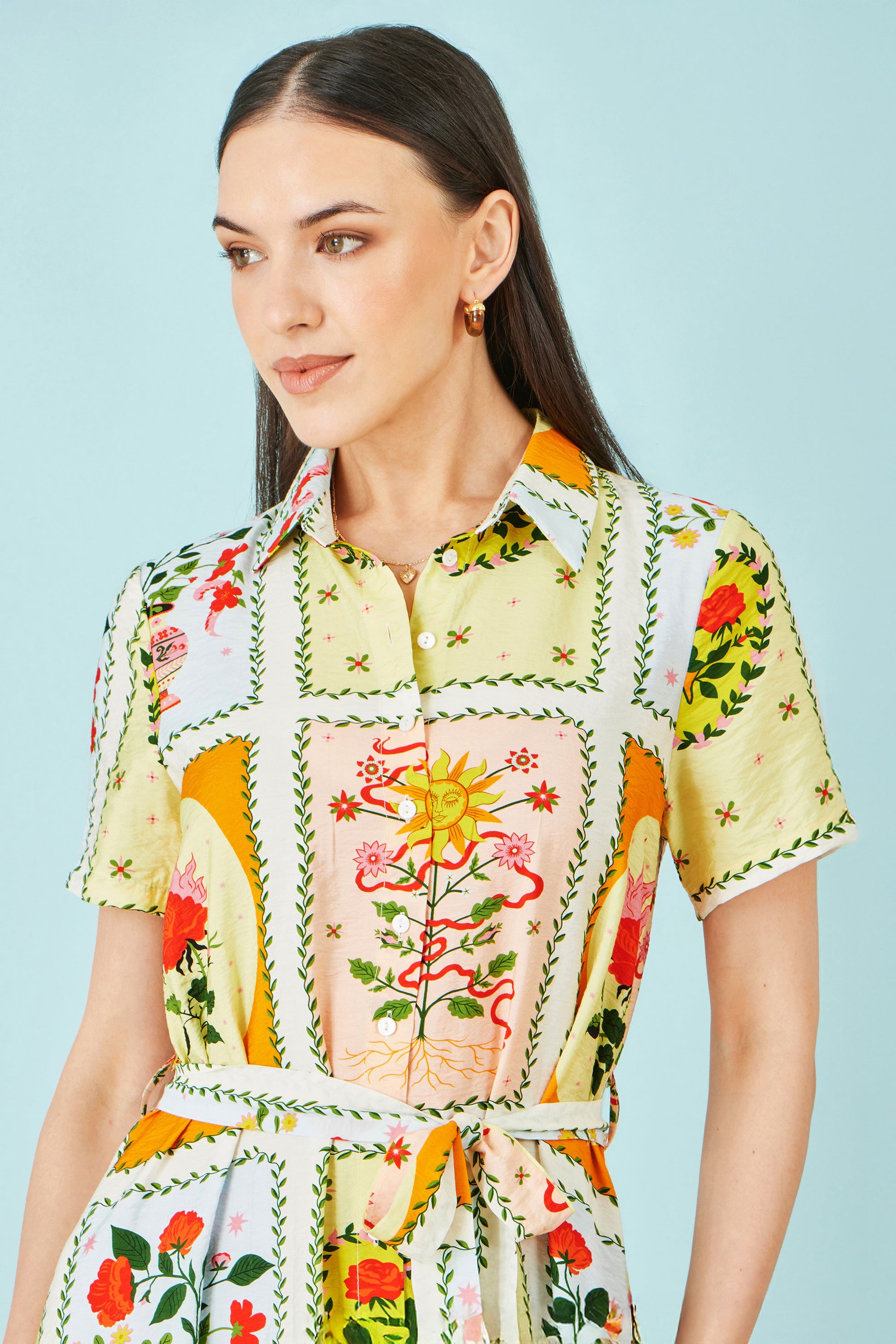 Yumi Multicolour Sun Patchwork Print Shirt Dress Dress Casual Yumi