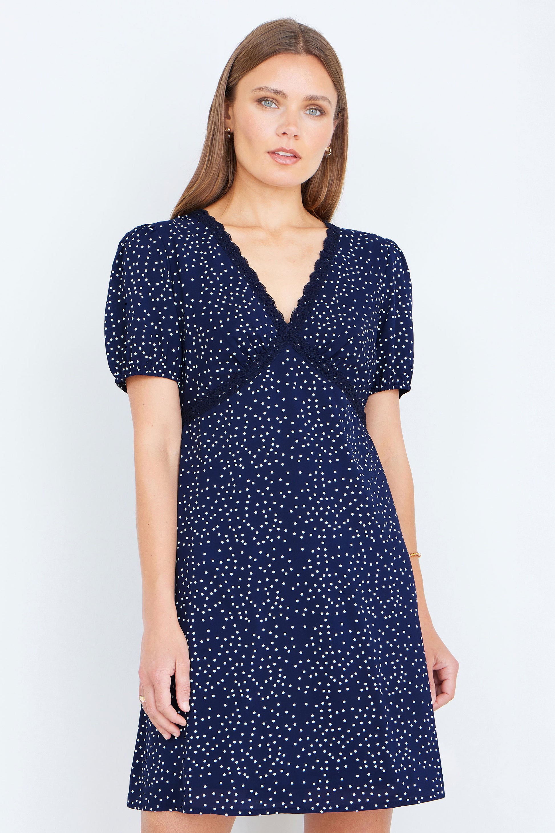 Yumi Navy Spot Print Lace Trim Skater Dress Dress Casual Yumi