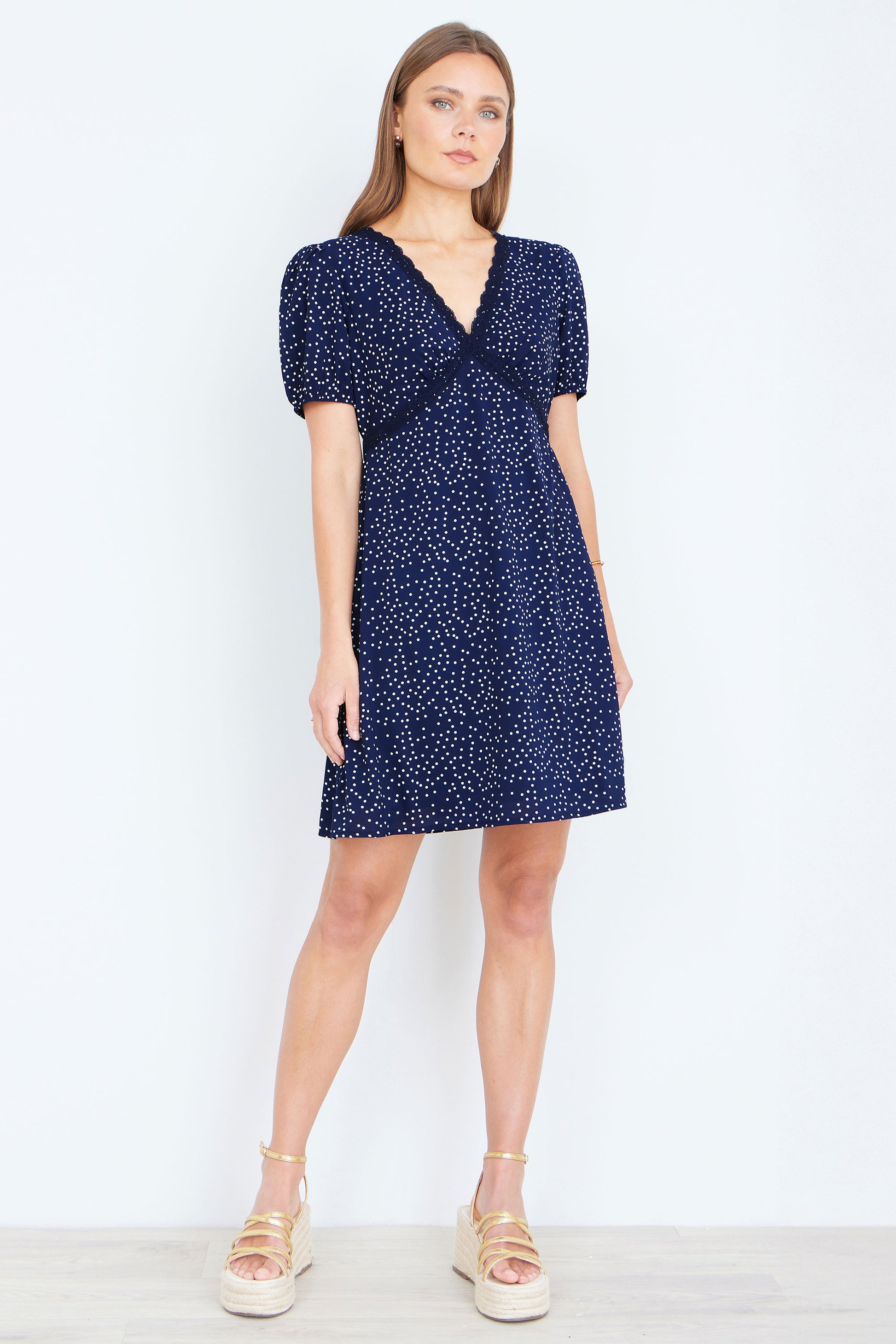 Yumi Navy Spot Print Lace Trim Skater Dress Dress Casual Yumi