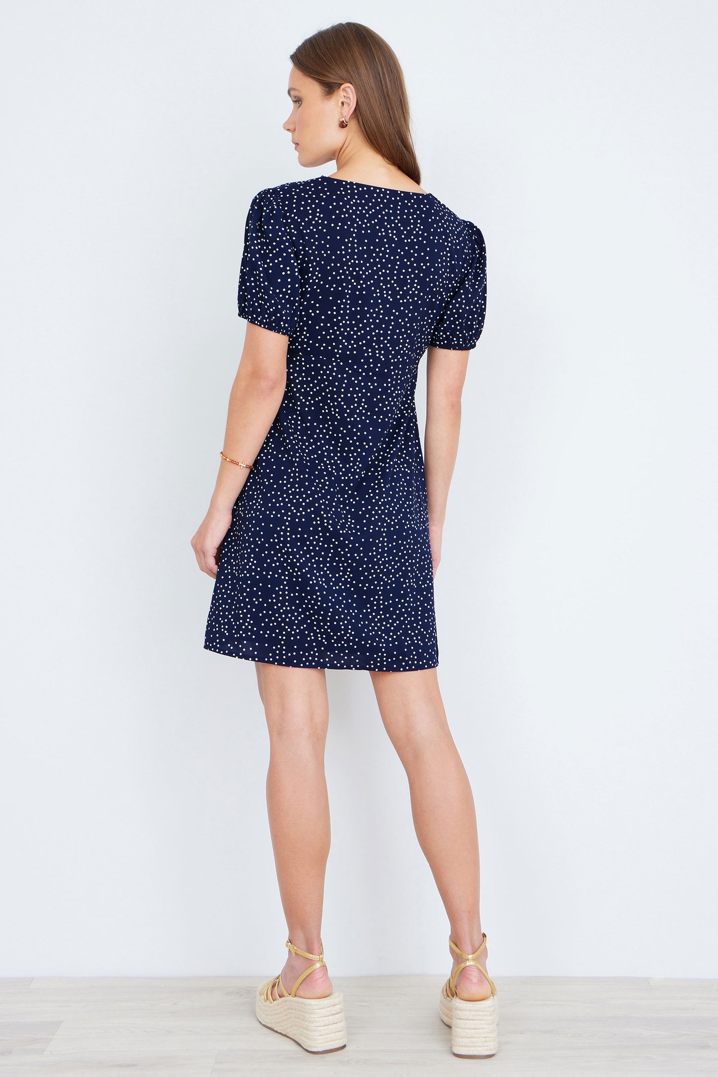 Yumi Navy Spot Print Lace Trim Skater Dress Dress Casual Yumi