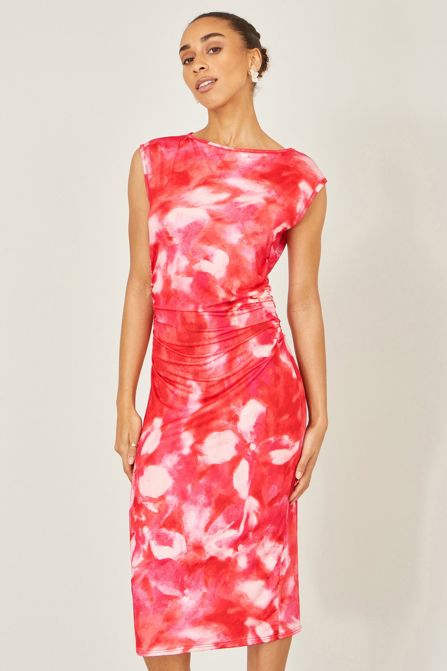 Yumi Red Mesh Ruched Bodycon Midi Dress Dress Occasion Yumi