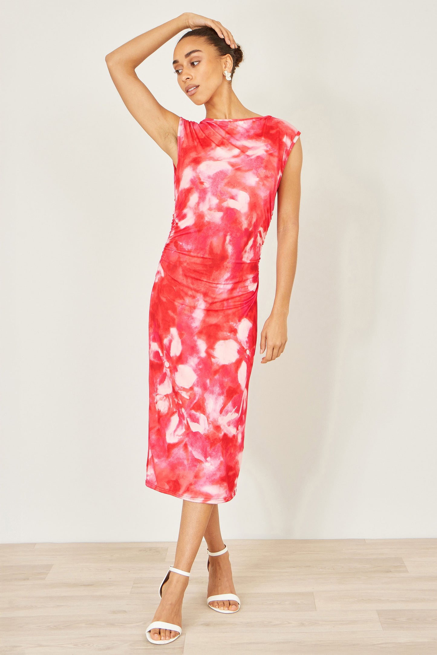 Yumi Red Mesh Ruched Bodycon Midi Dress Dress Occasion Yumi