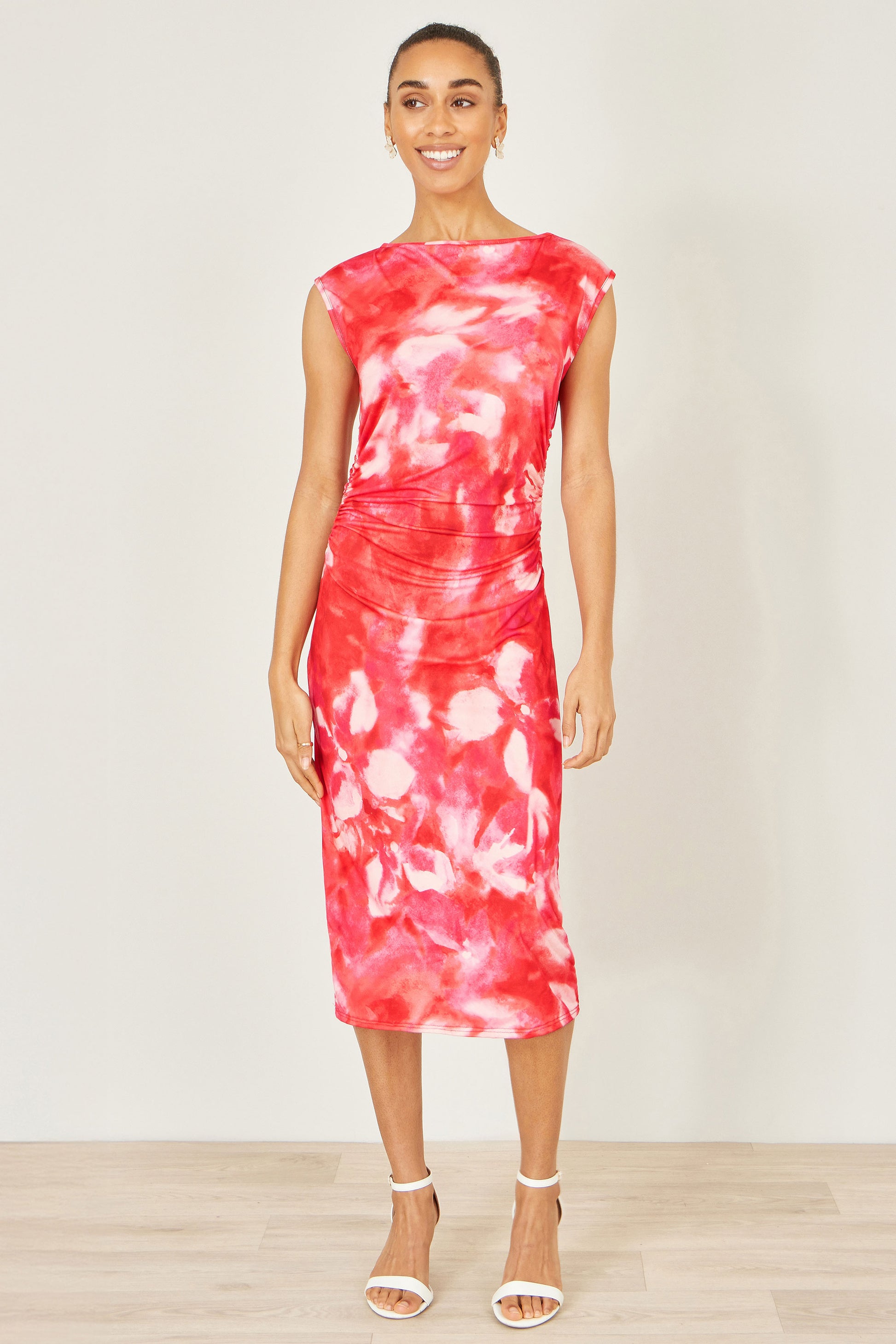 Yumi Red Mesh Ruched Bodycon Midi Dress Dress Occasion Yumi