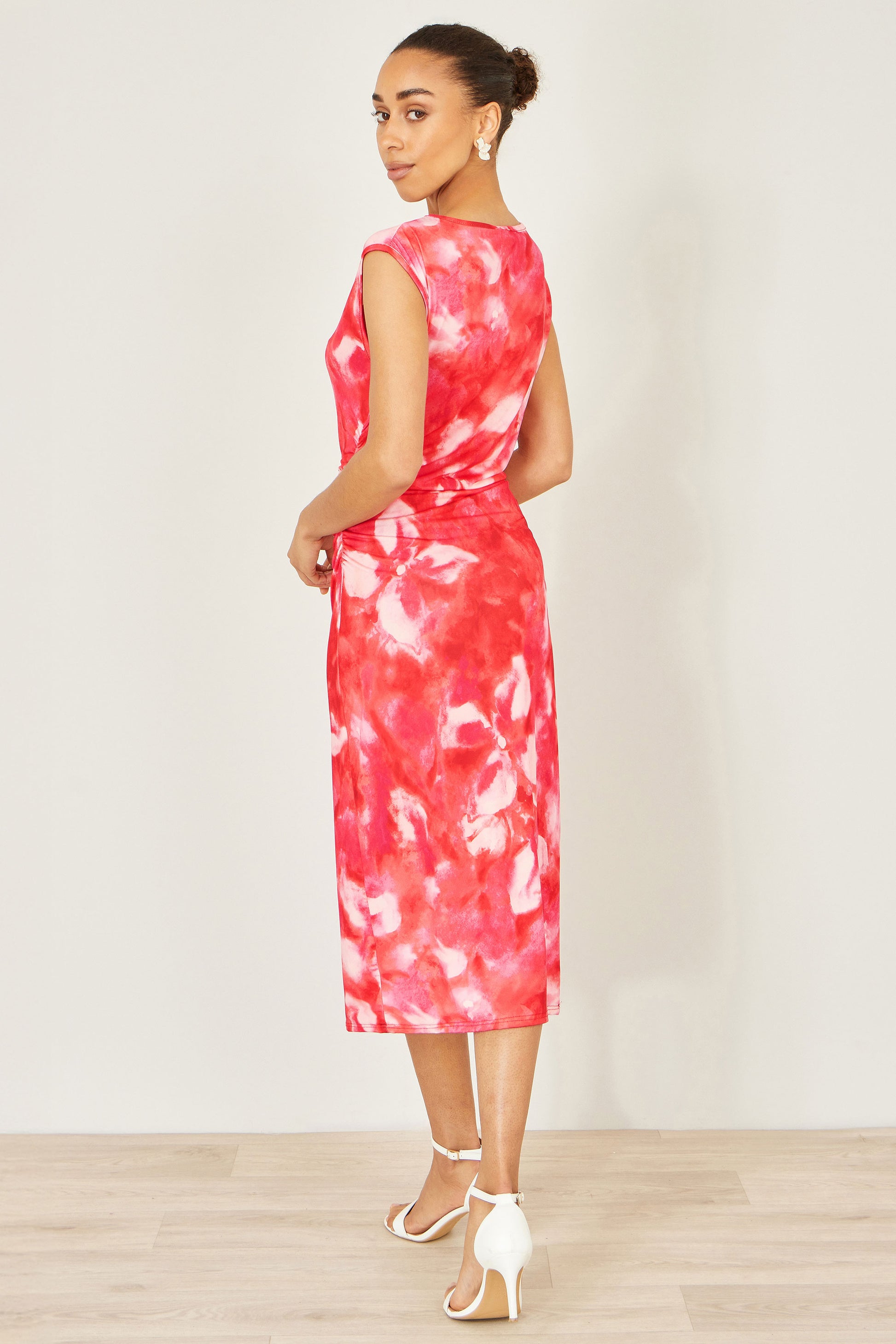 Yumi Red Mesh Ruched Bodycon Midi Dress Dress Occasion Yumi