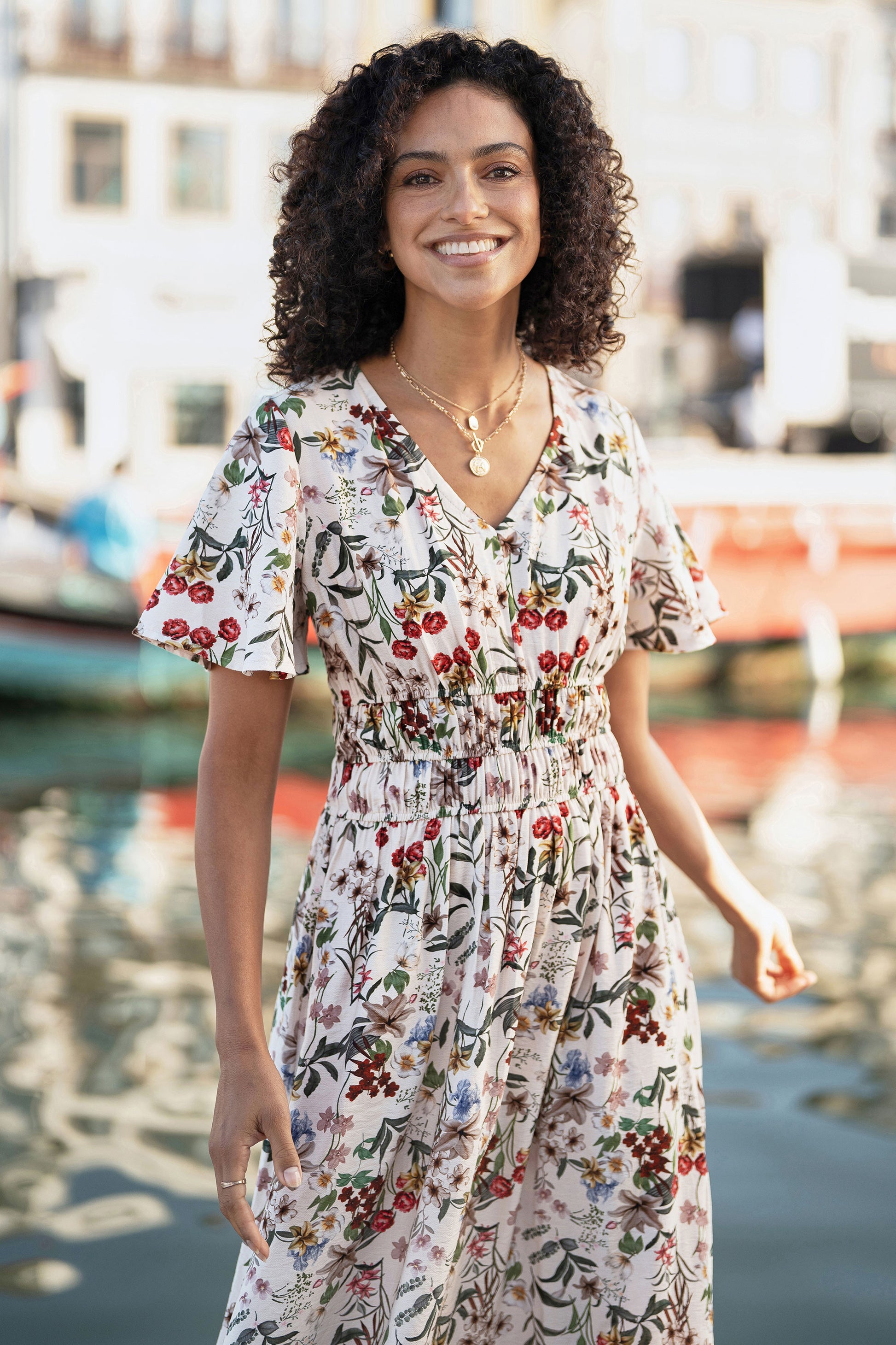 Yumi Ivory Botanical Print Viscose Midi Dress Dress Casual Yumi