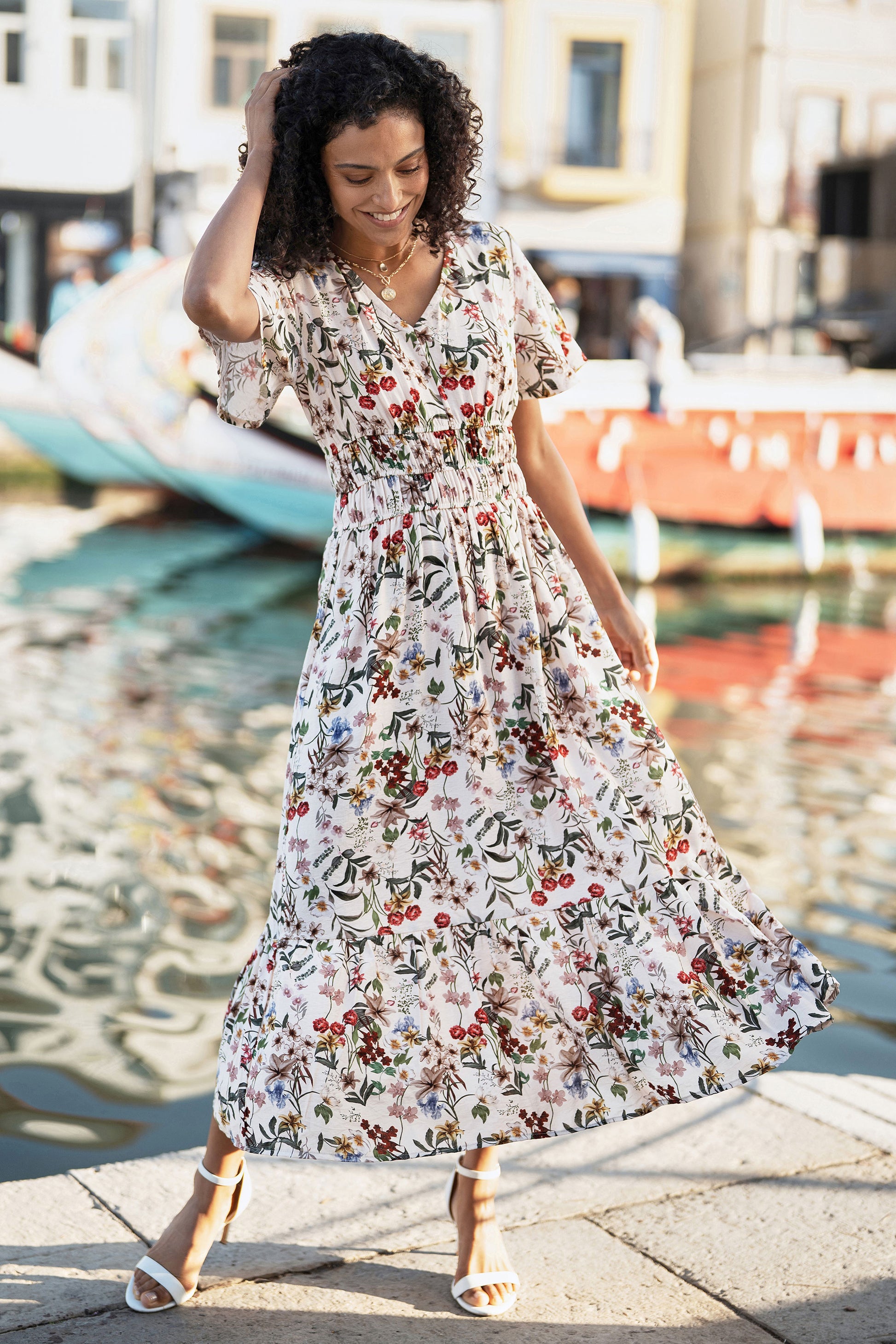 Yumi Ivory Botanical Print Viscose Midi Dress Dress Casual Yumi