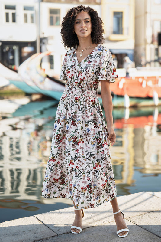 Yumi Ivory Botanical Print Viscose Midi Dress Dress Casual Yumi