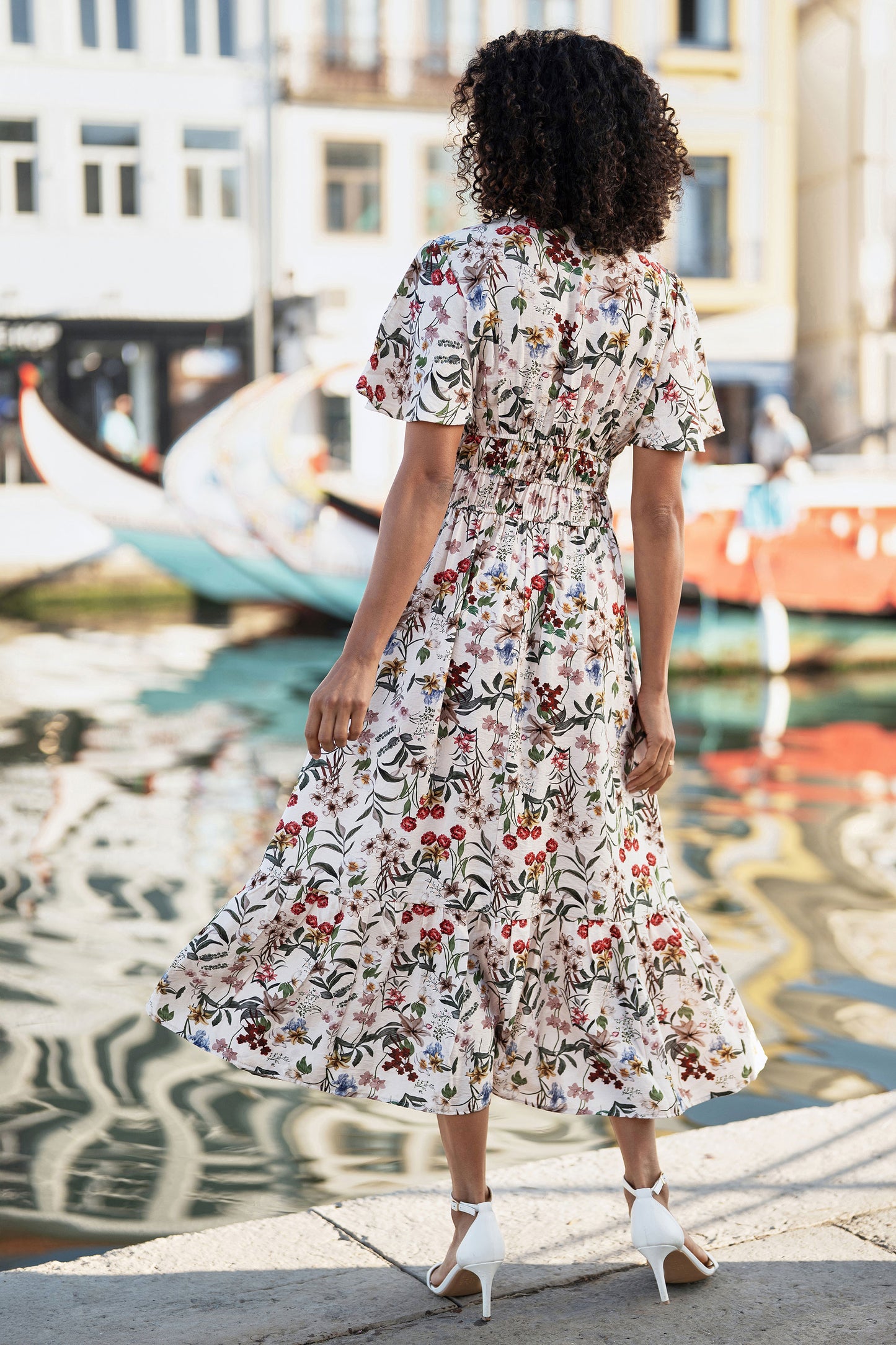 Yumi Ivory Botanical Print Viscose Midi Dress Dress Casual Yumi