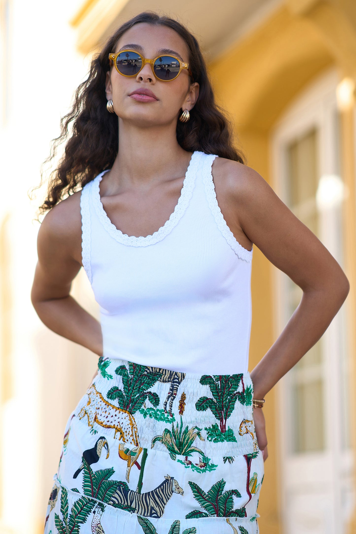 Yumi White Crochet Trim Cotton Stretch Vest Top Tops Yumi