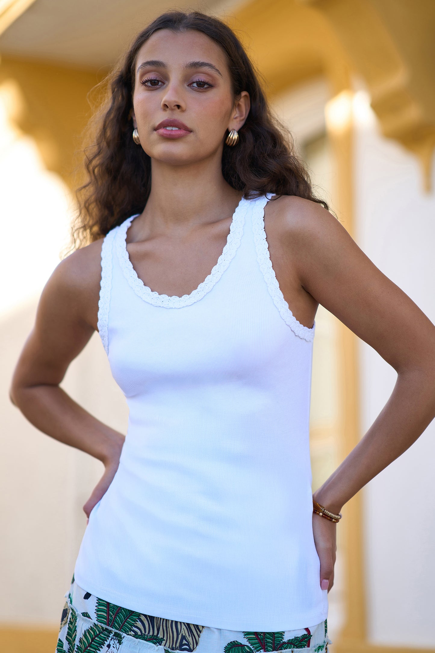 Yumi White Crochet Trim Cotton Stretch Vest Top Tops Yumi