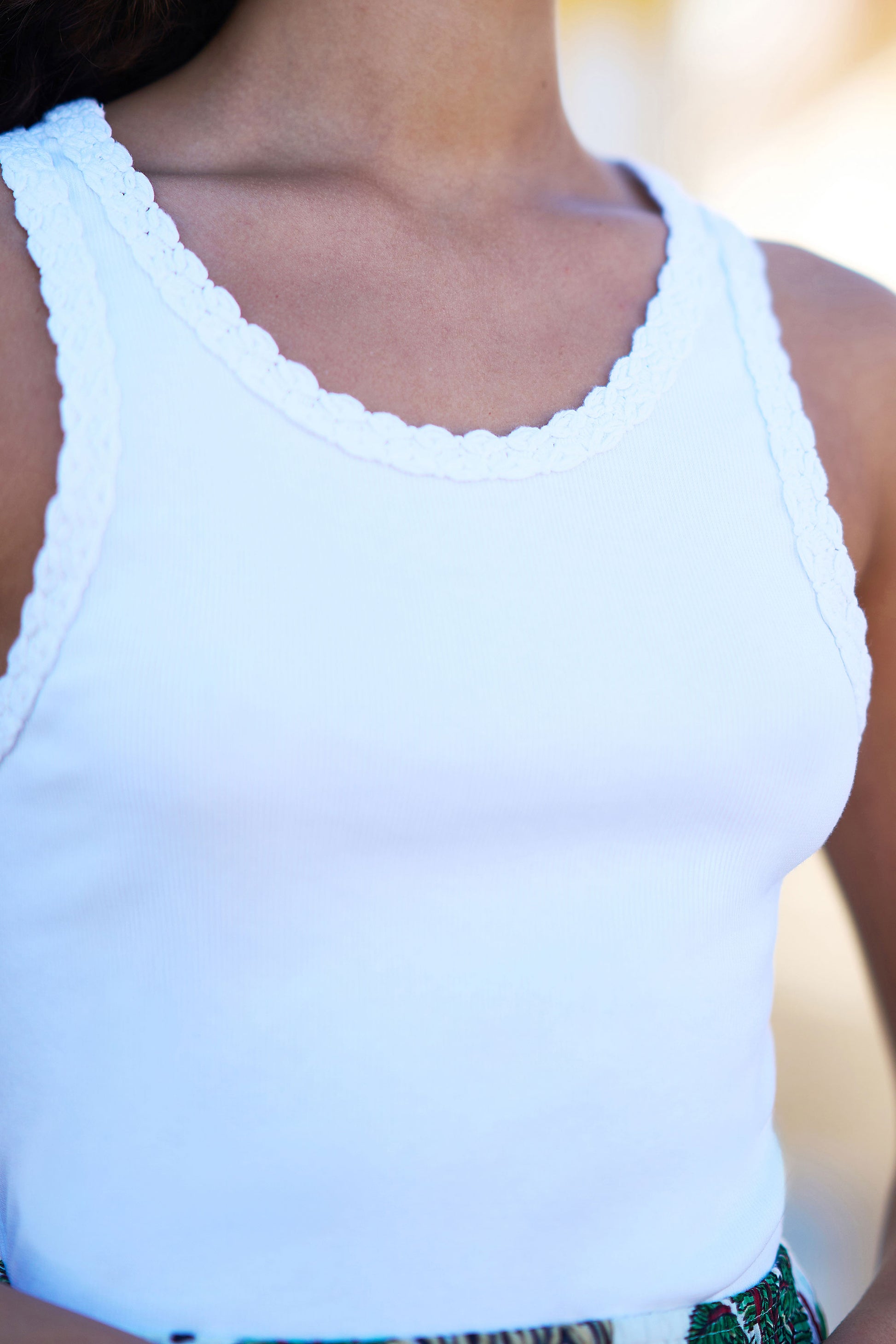 Yumi White Crochet Trim Cotton Stretch Vest Top Tops Yumi