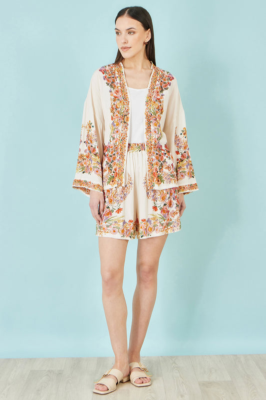 Yumi Ivory Viscose Floral Border Shorts SHORTS Yumi