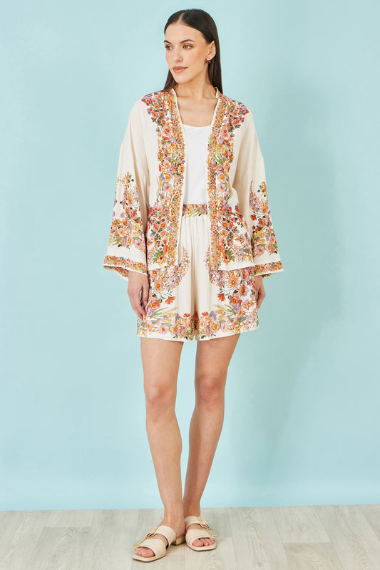 Yumi Ivory Viscose Floral Border Shorts SHORTS Yumi