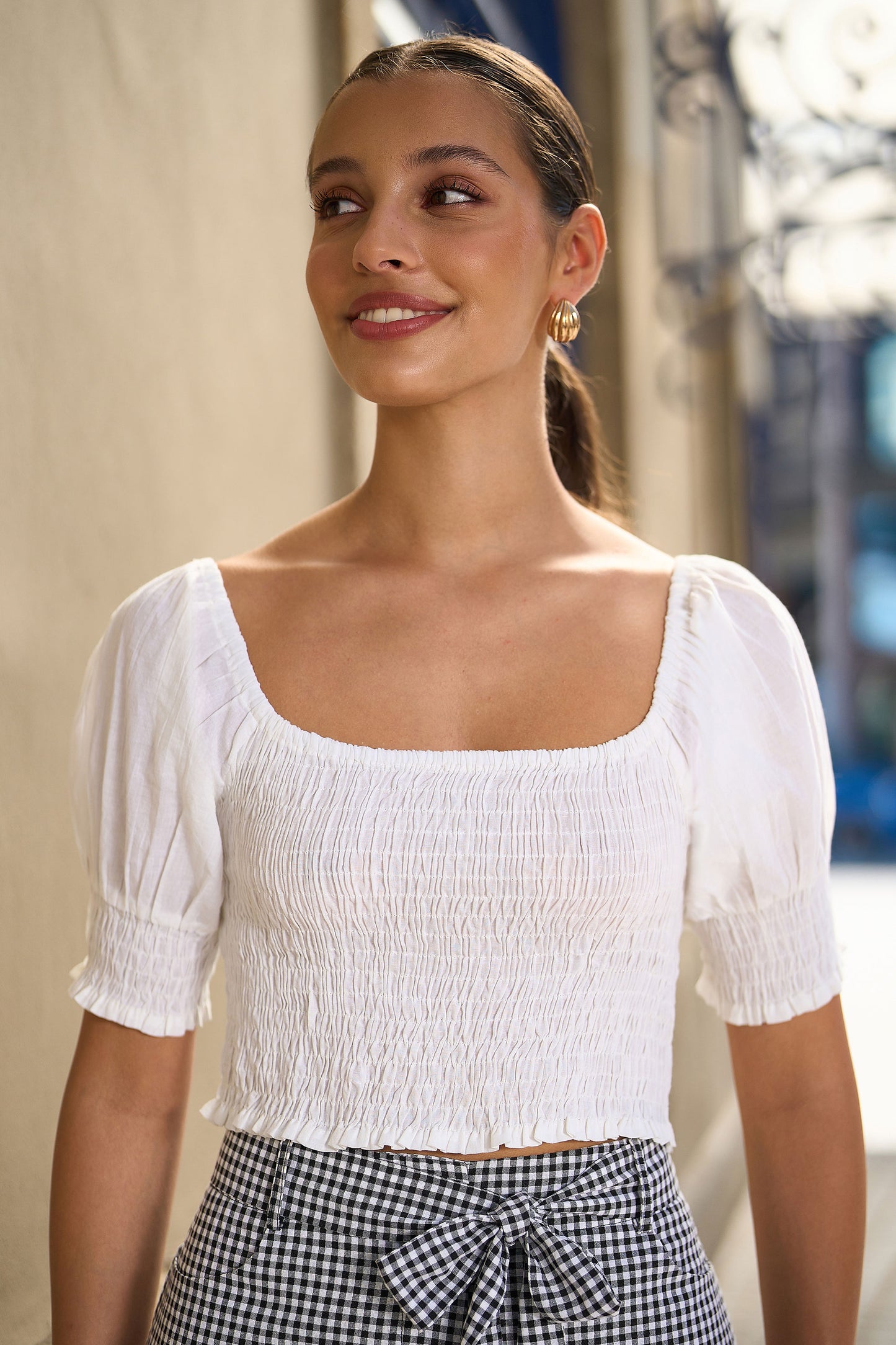 Yumi White Cotton Shirring Puff Sleeve Top Tops Yumi