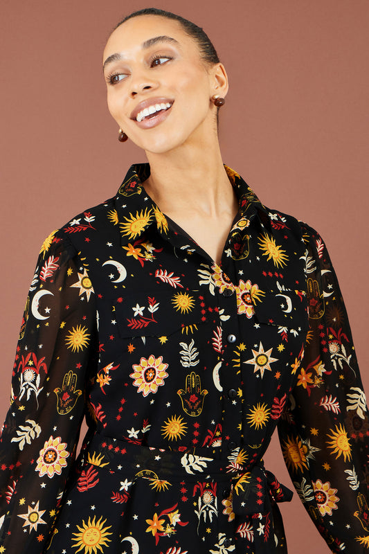 Yumi Black Cosmic Midi Shirt Dress Dress Casual Yumi