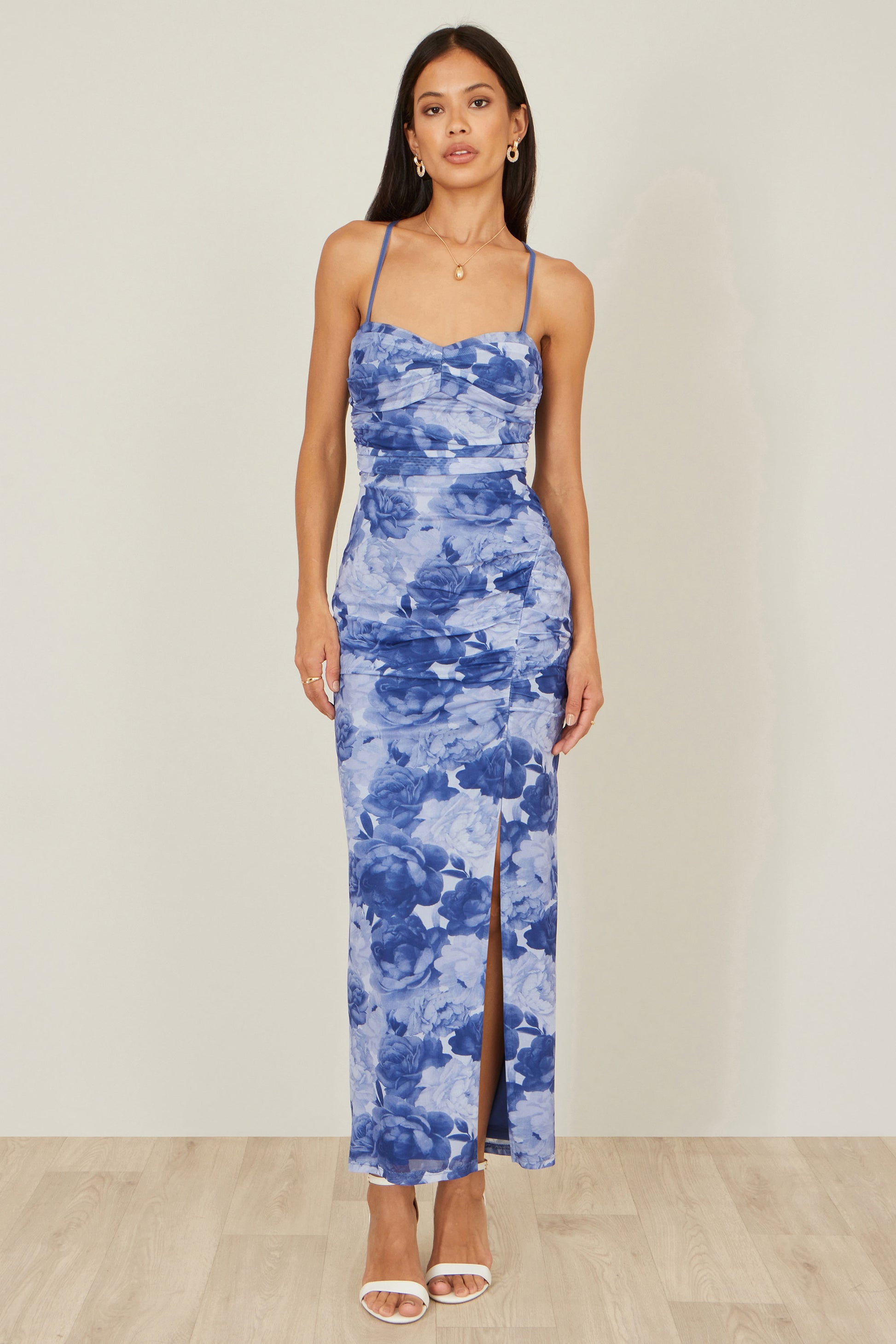 Yumi Blue Mesh Ruched Midi Dress With Split | Yumi Yumi Blue Mesh Ruched Midi Dress With Split | Yumi