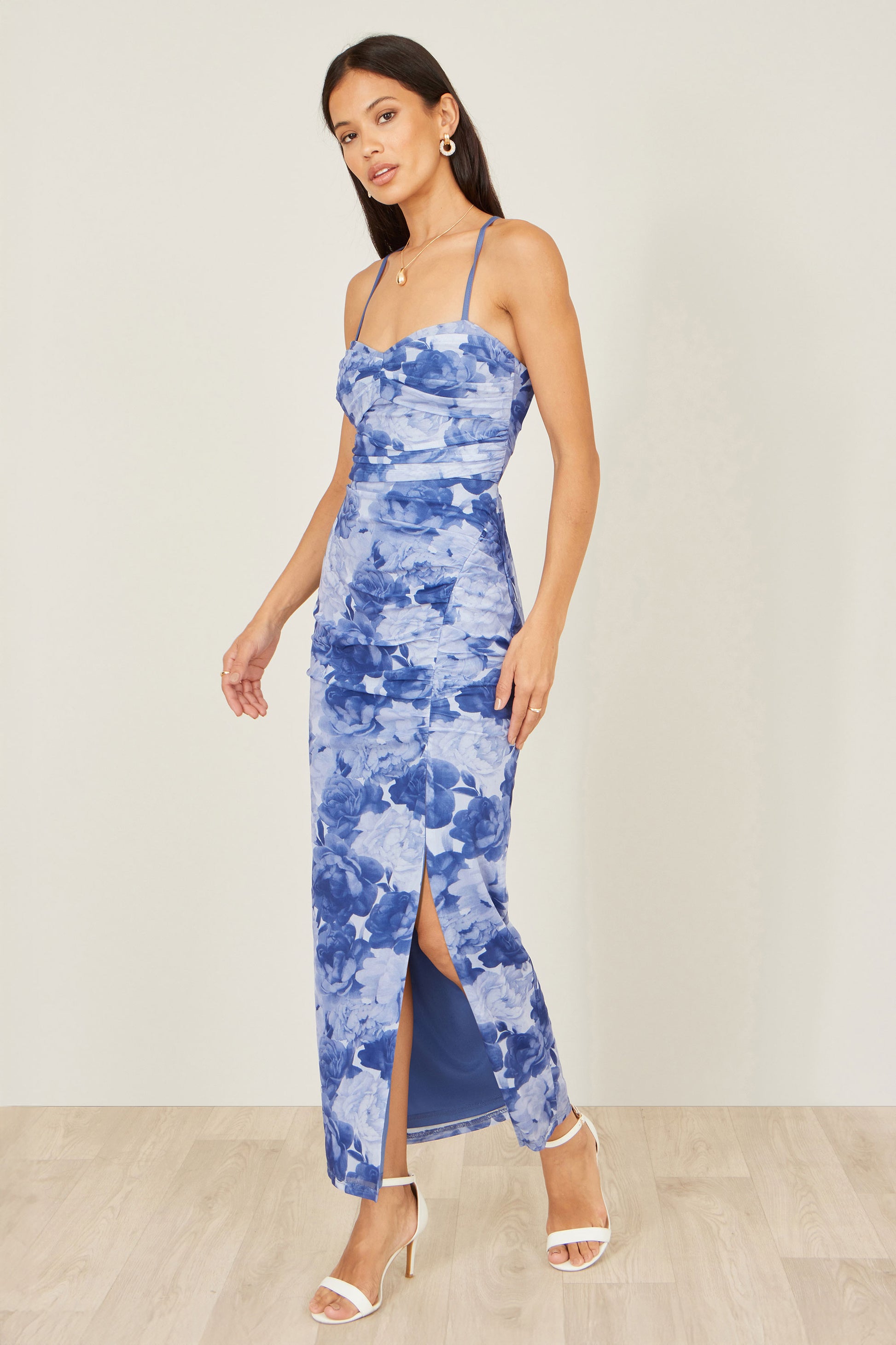 Yumi Blue Mesh Ruched Midi Dress With Split | Yumi Yumi Blue Mesh Ruched Midi Dress With Split | Yumi